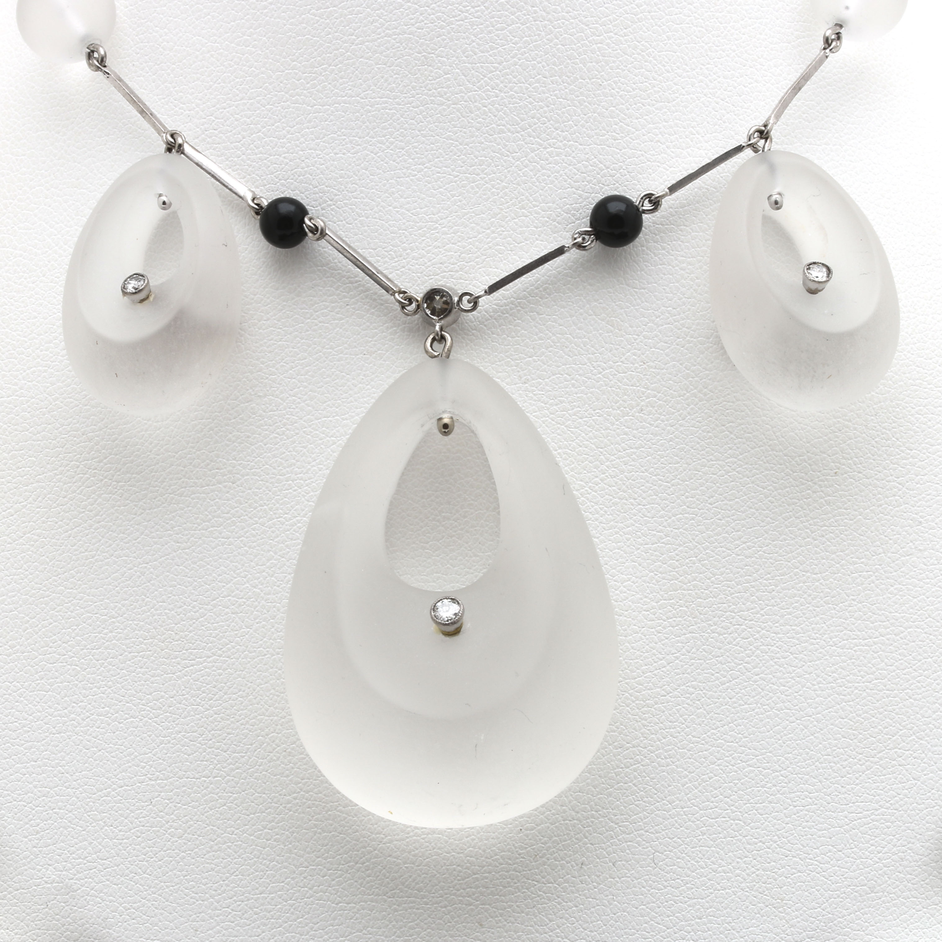 9K and 18K White Gold Quartz Crystal, Black Onyx, and Diamond Necklace