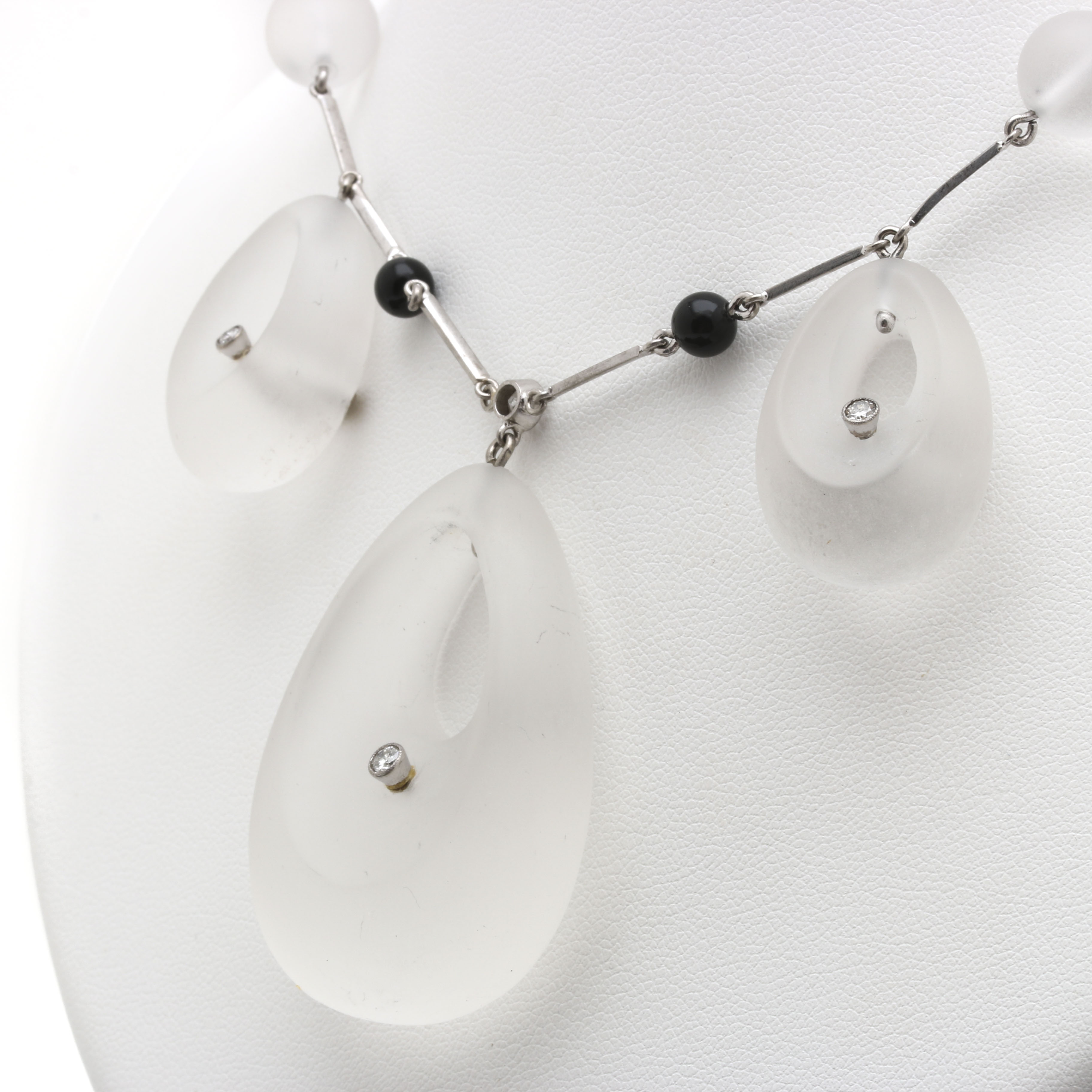 9K and 18K White Gold Quartz Crystal, Black Onyx, and Diamond Necklace