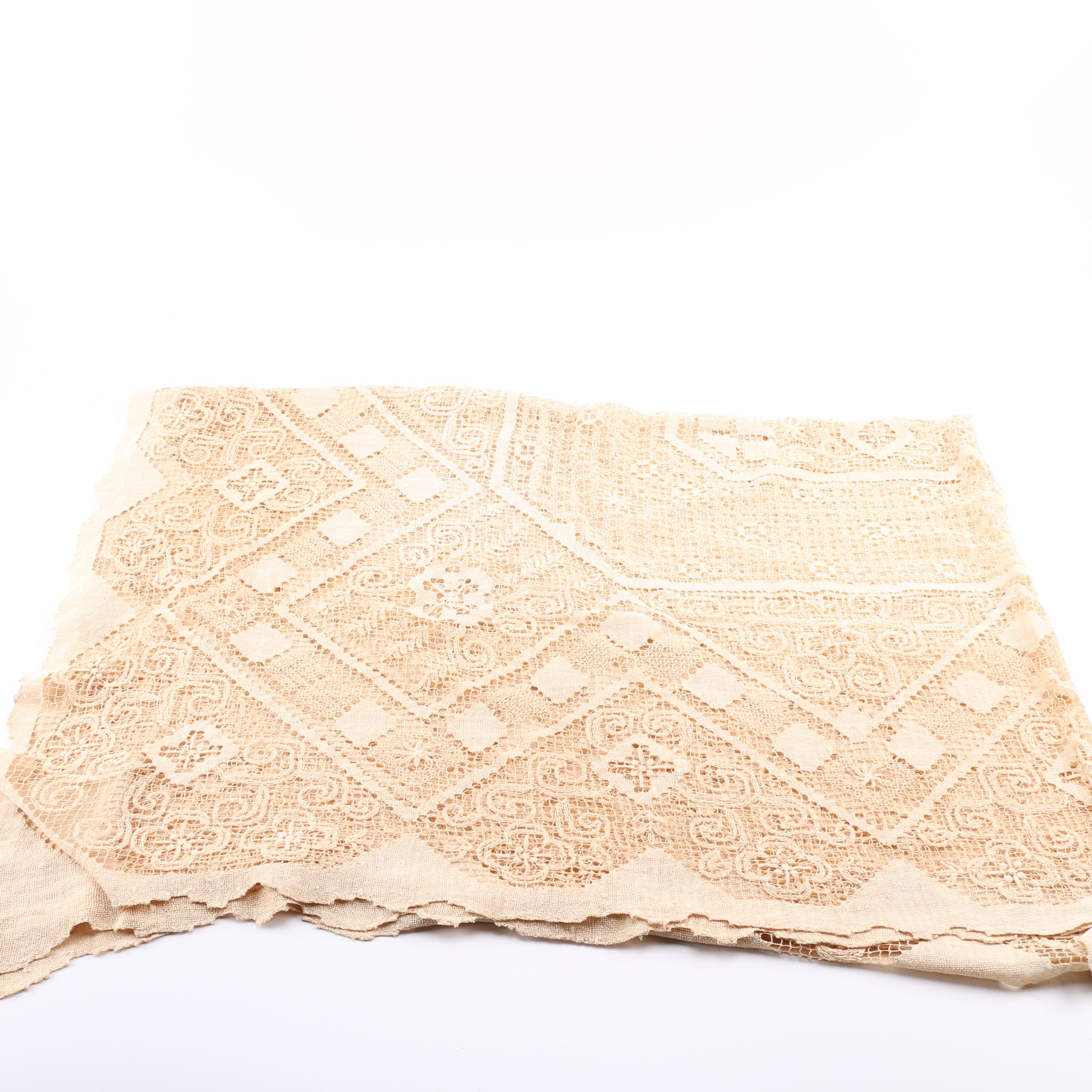 Antique Handmade Pulled Thread Tablecloth