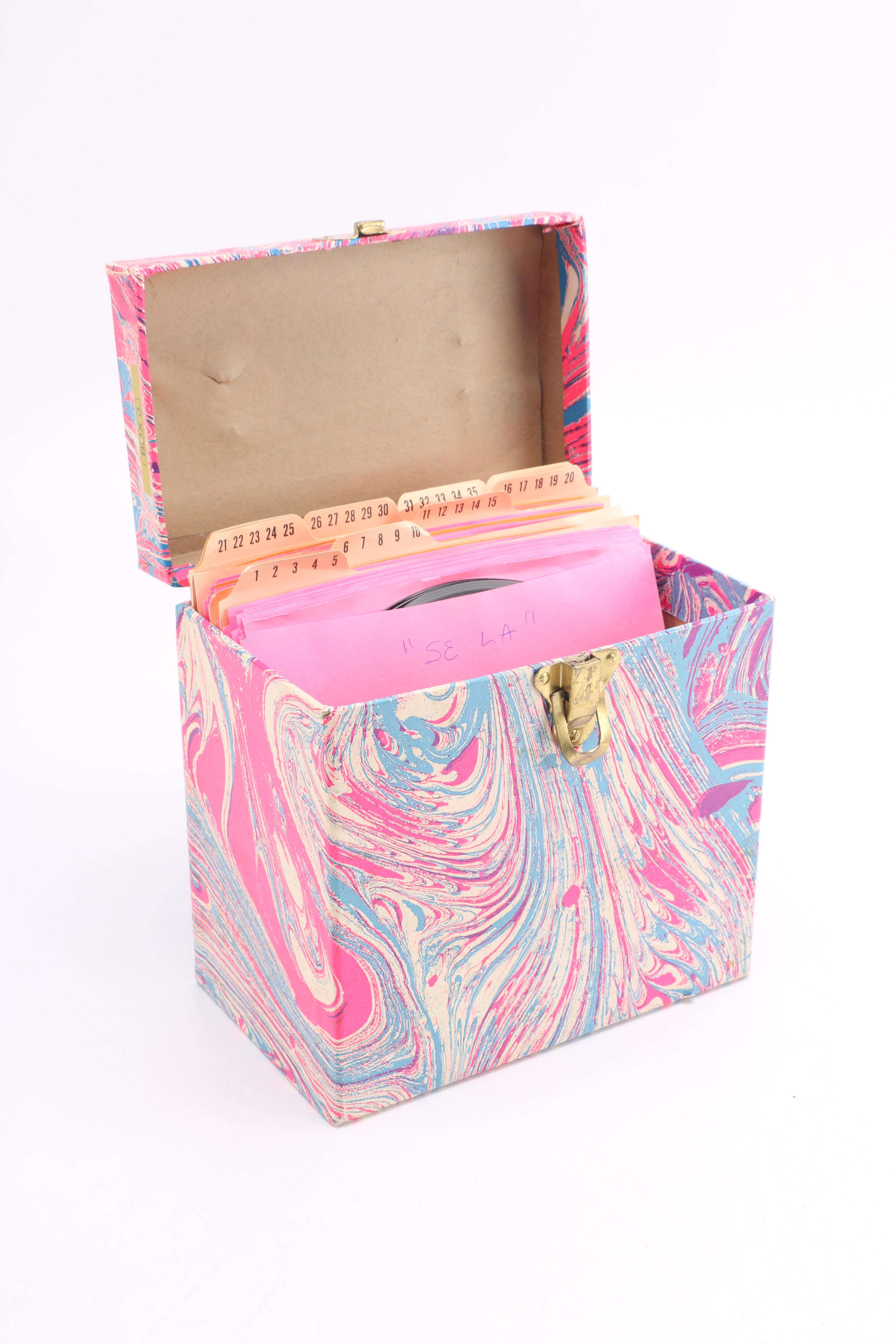 Collection of Motown Singles in Vintage Marbled Pink and Blue Carrying Case