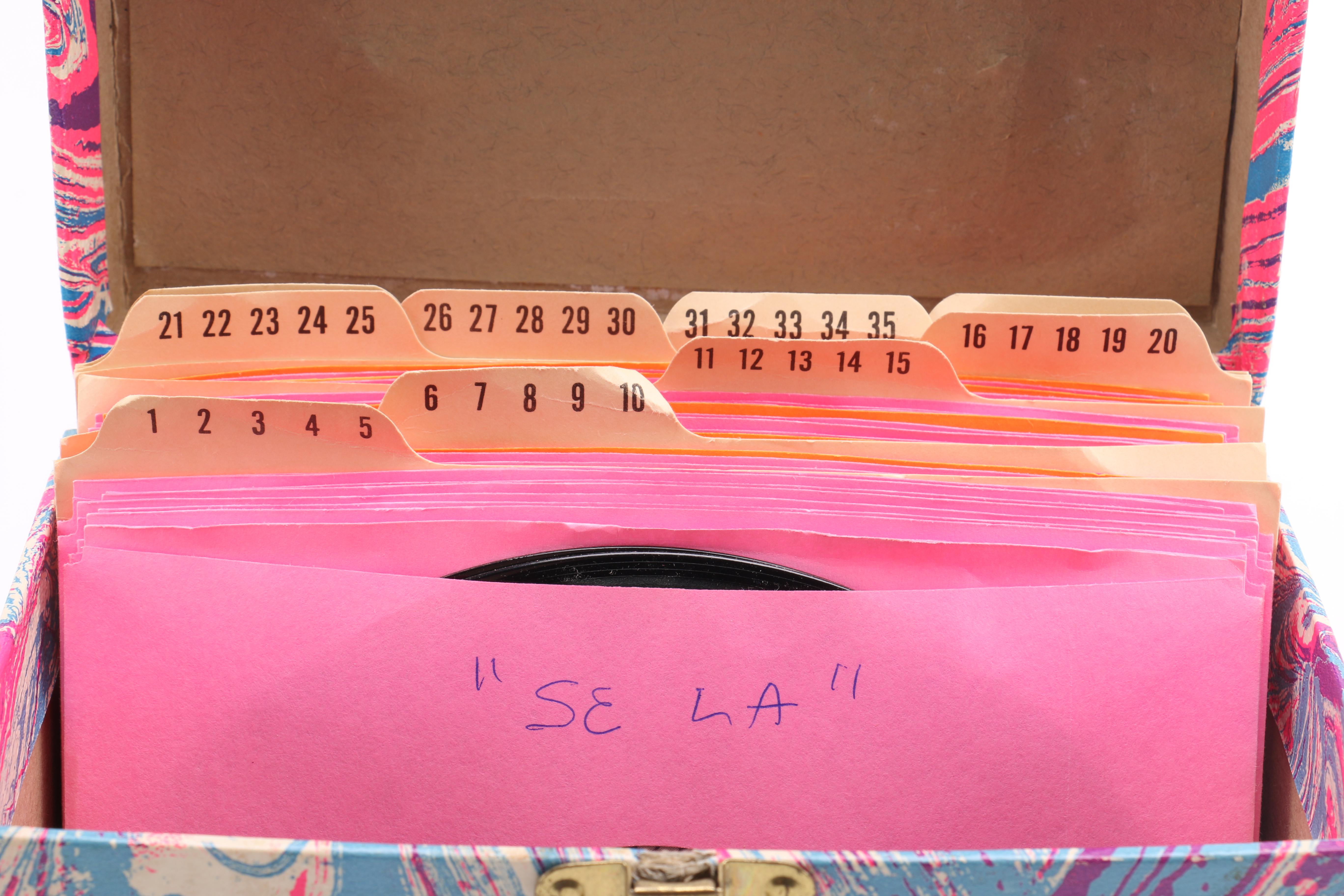 Collection of Motown Singles in Vintage Marbled Pink and Blue Carrying Case