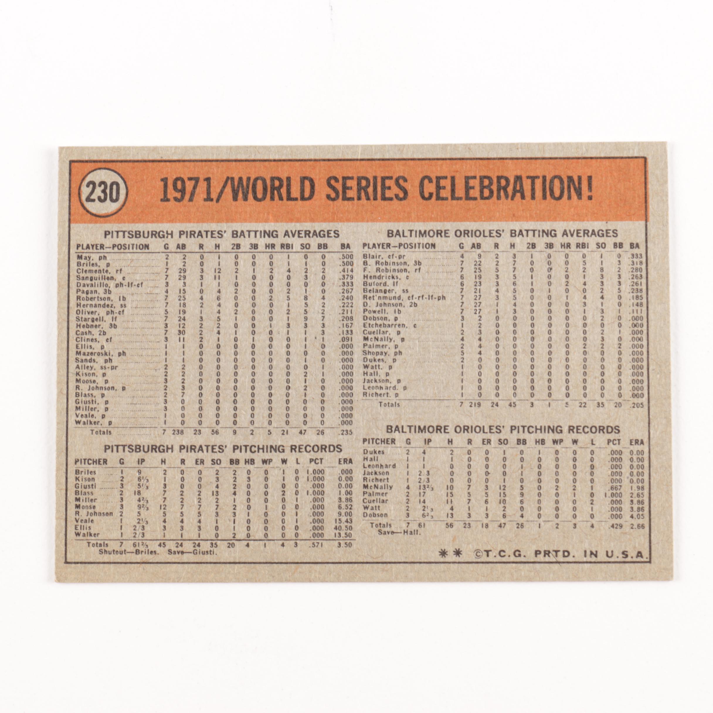 1971 Topps World Series Baseball Cards Numbers 223-230