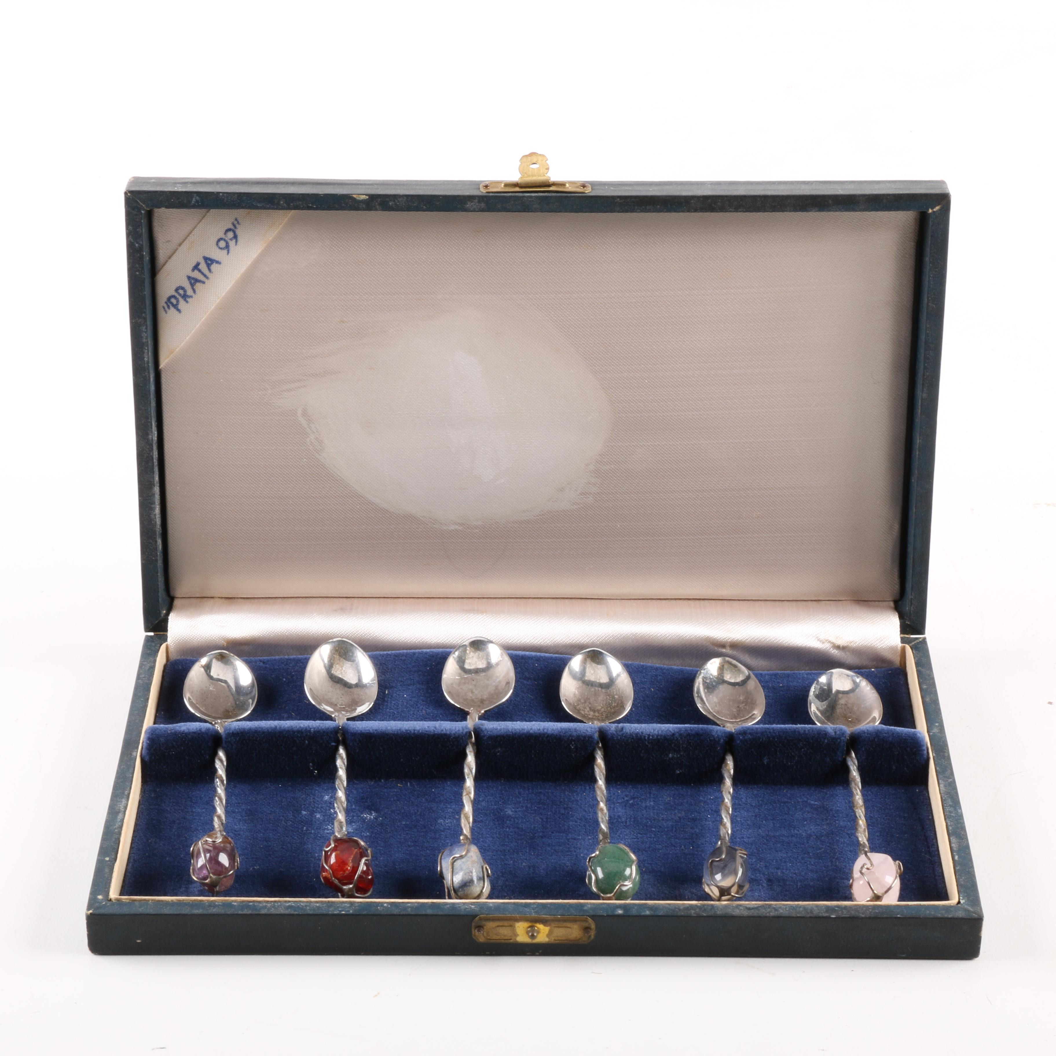 Silver Plate and Polished Stone Teaspoon Set