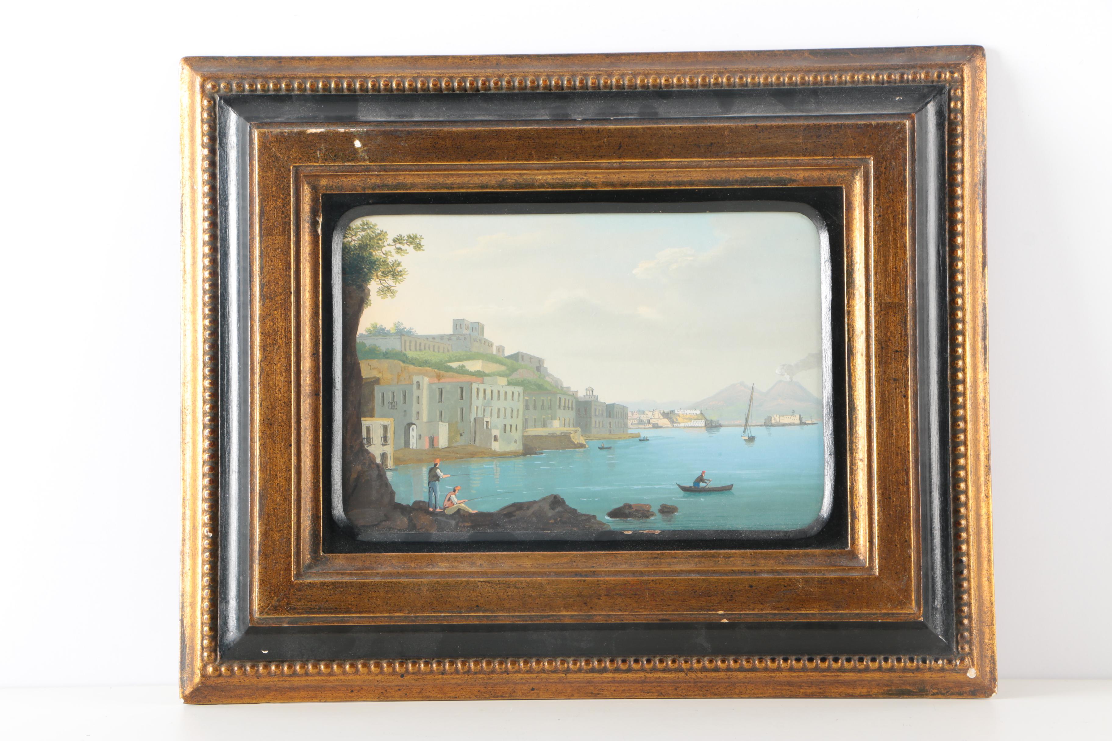 19th Century Grand Tour Gouache Waterfront Scenes of Mt. Vesuvius