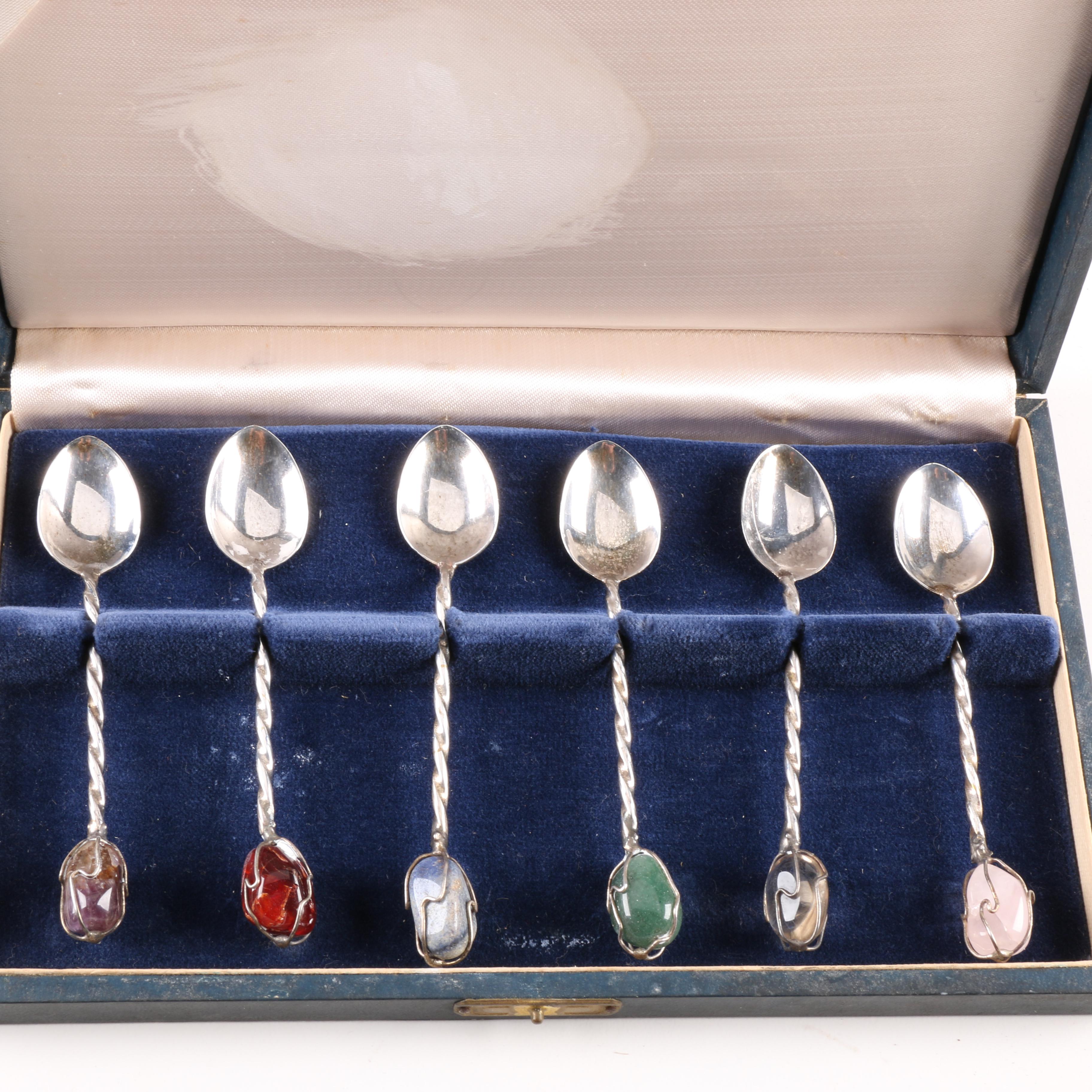 Silver Plate and Polished Stone Teaspoon Set