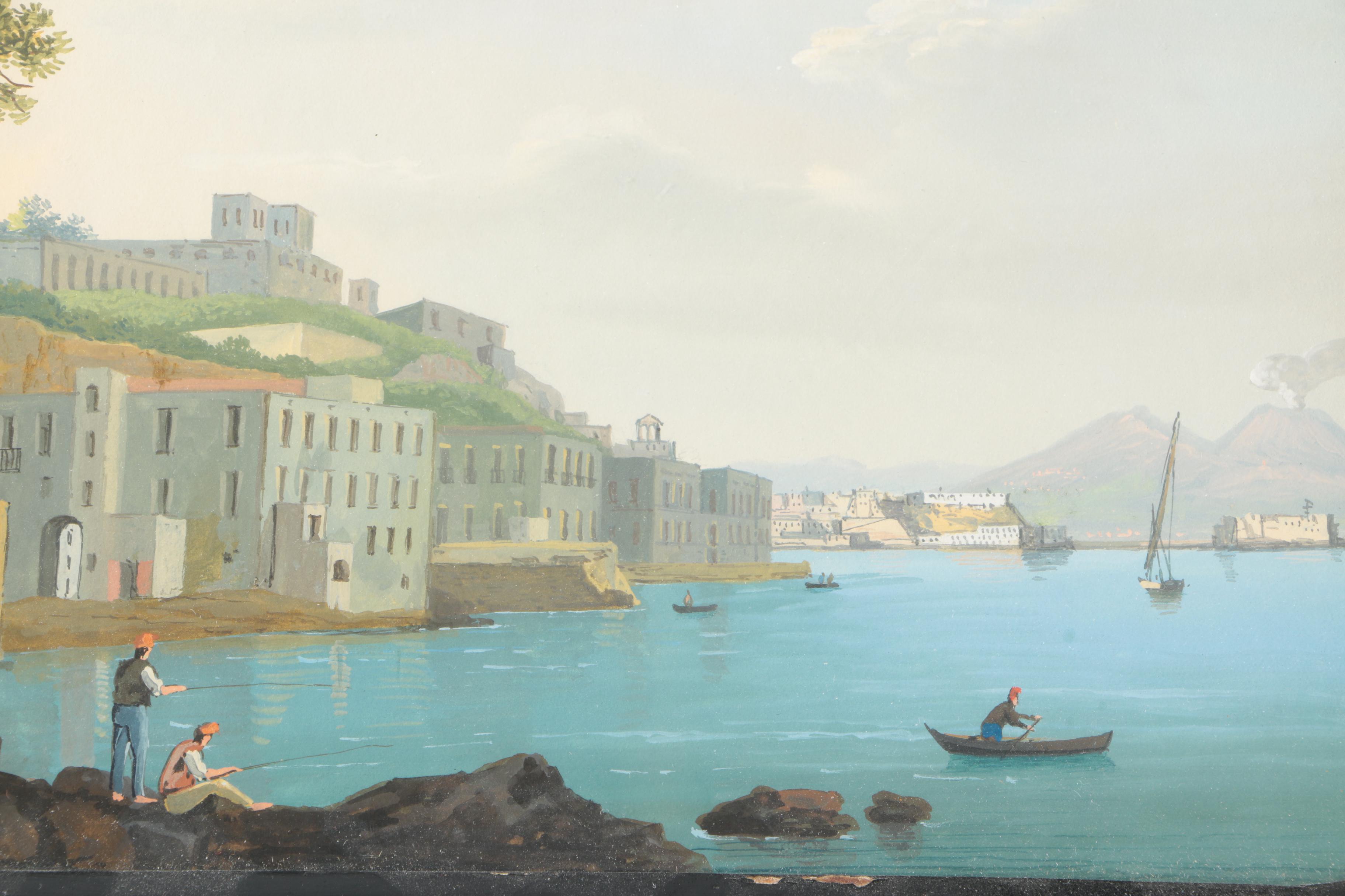 19th Century Grand Tour Gouache Waterfront Scenes of Mt. Vesuvius