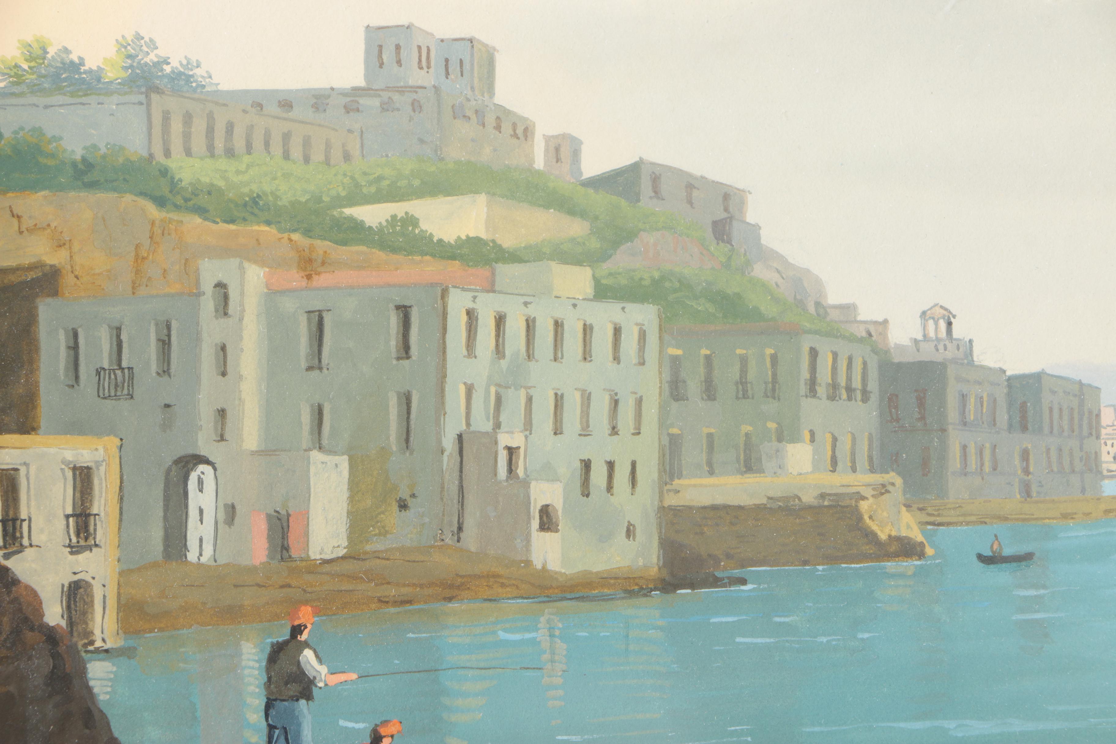 19th Century Grand Tour Gouache Waterfront Scenes of Mt. Vesuvius