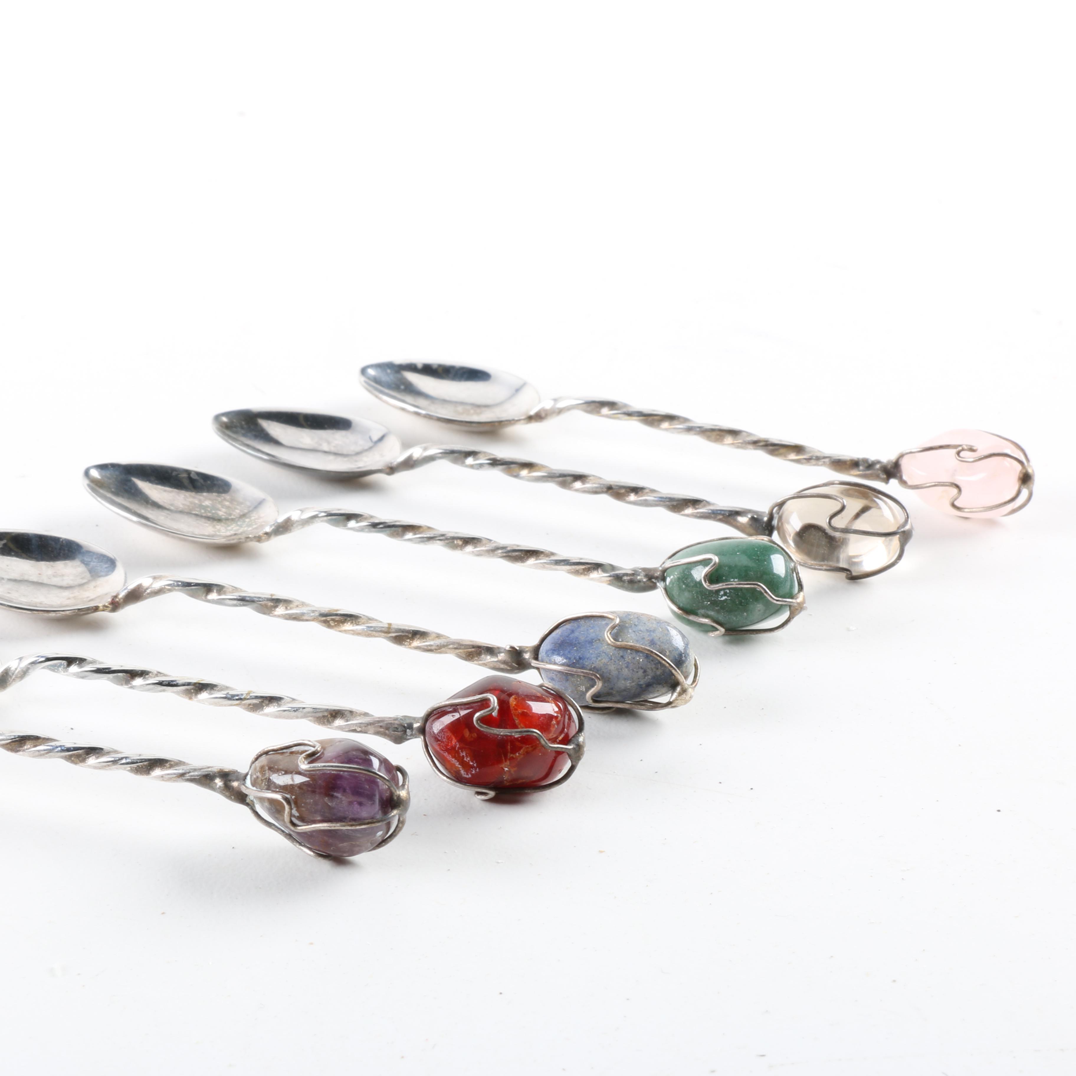 Silver Plate and Polished Stone Teaspoon Set