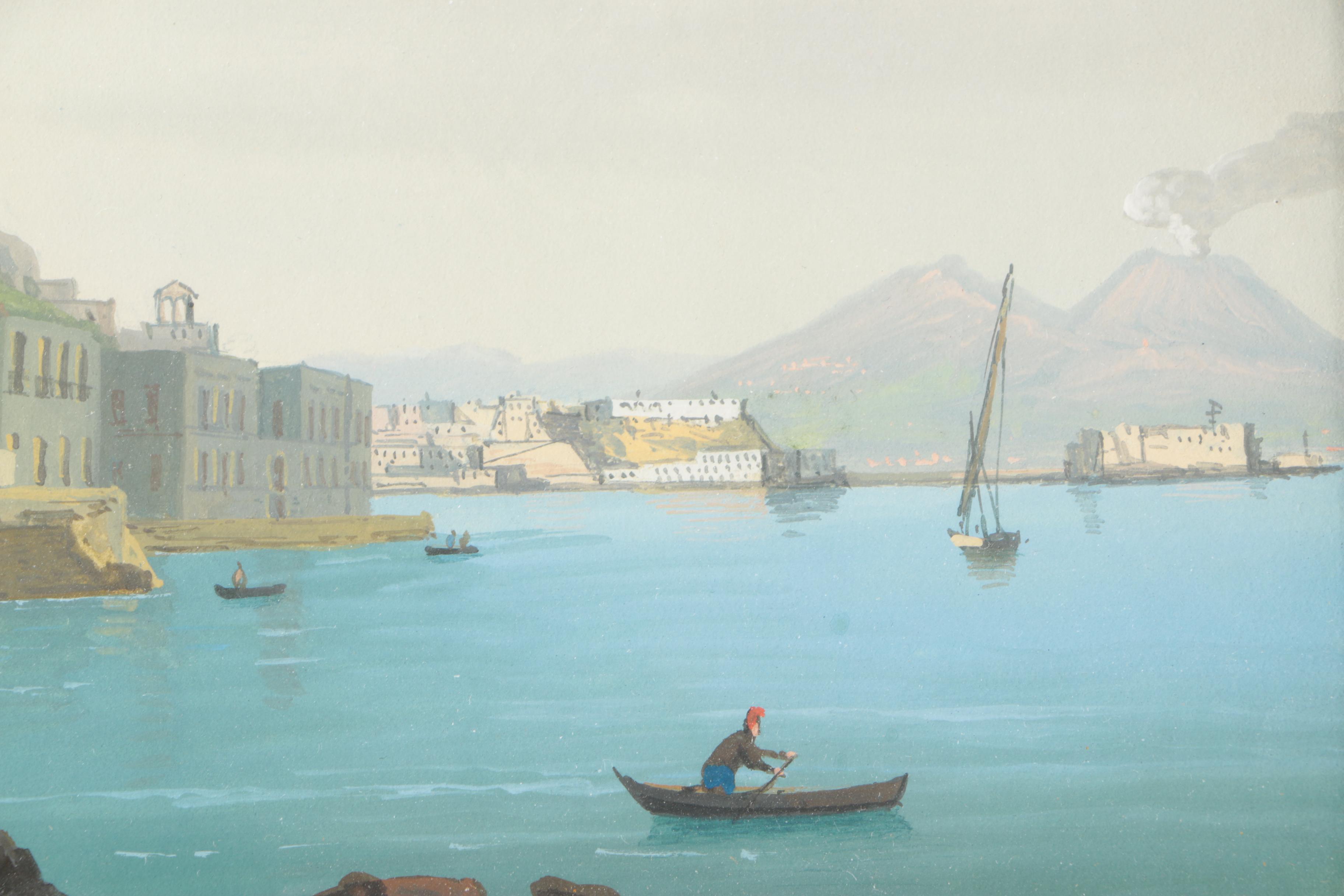 19th Century Grand Tour Gouache Waterfront Scenes of Mt. Vesuvius