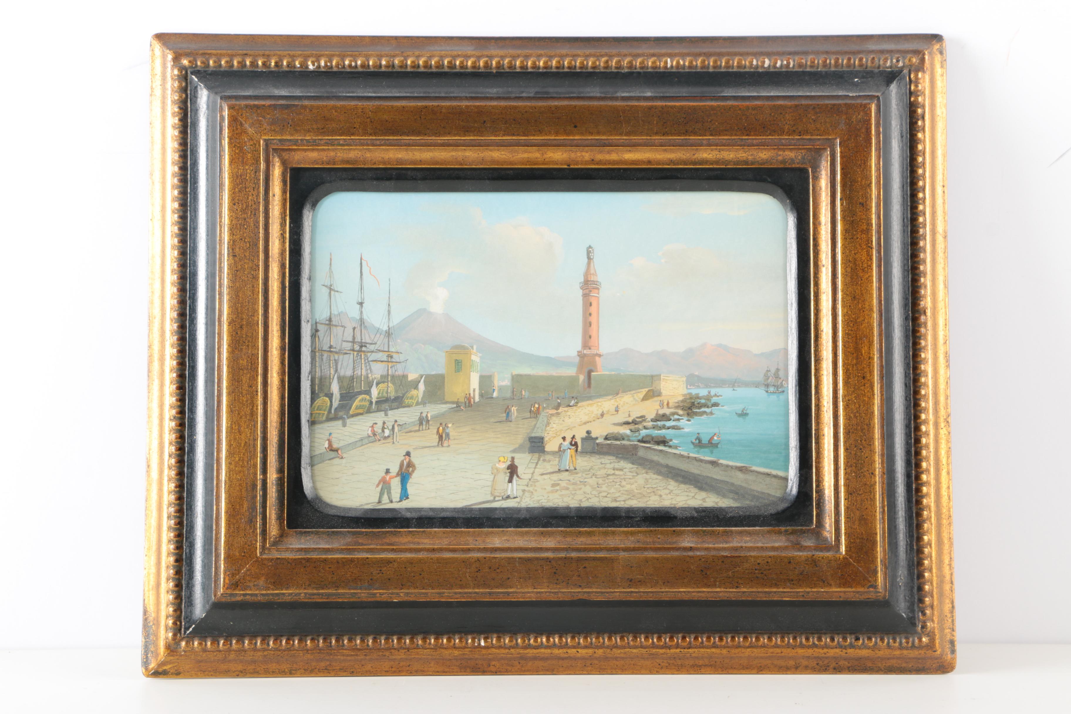 19th Century Grand Tour Gouache Waterfront Scenes of Mt. Vesuvius