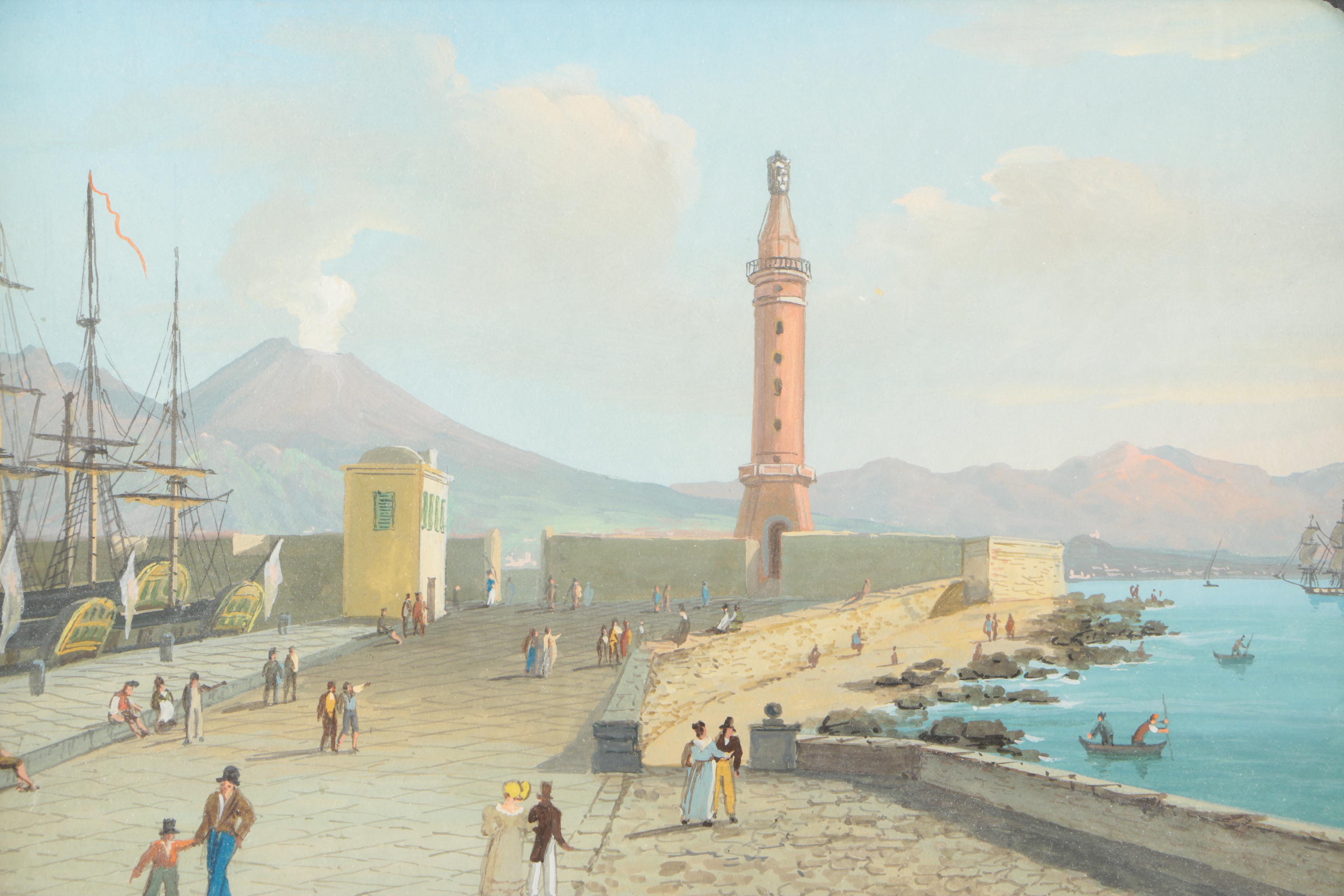 19th Century Grand Tour Gouache Waterfront Scenes of Mt. Vesuvius