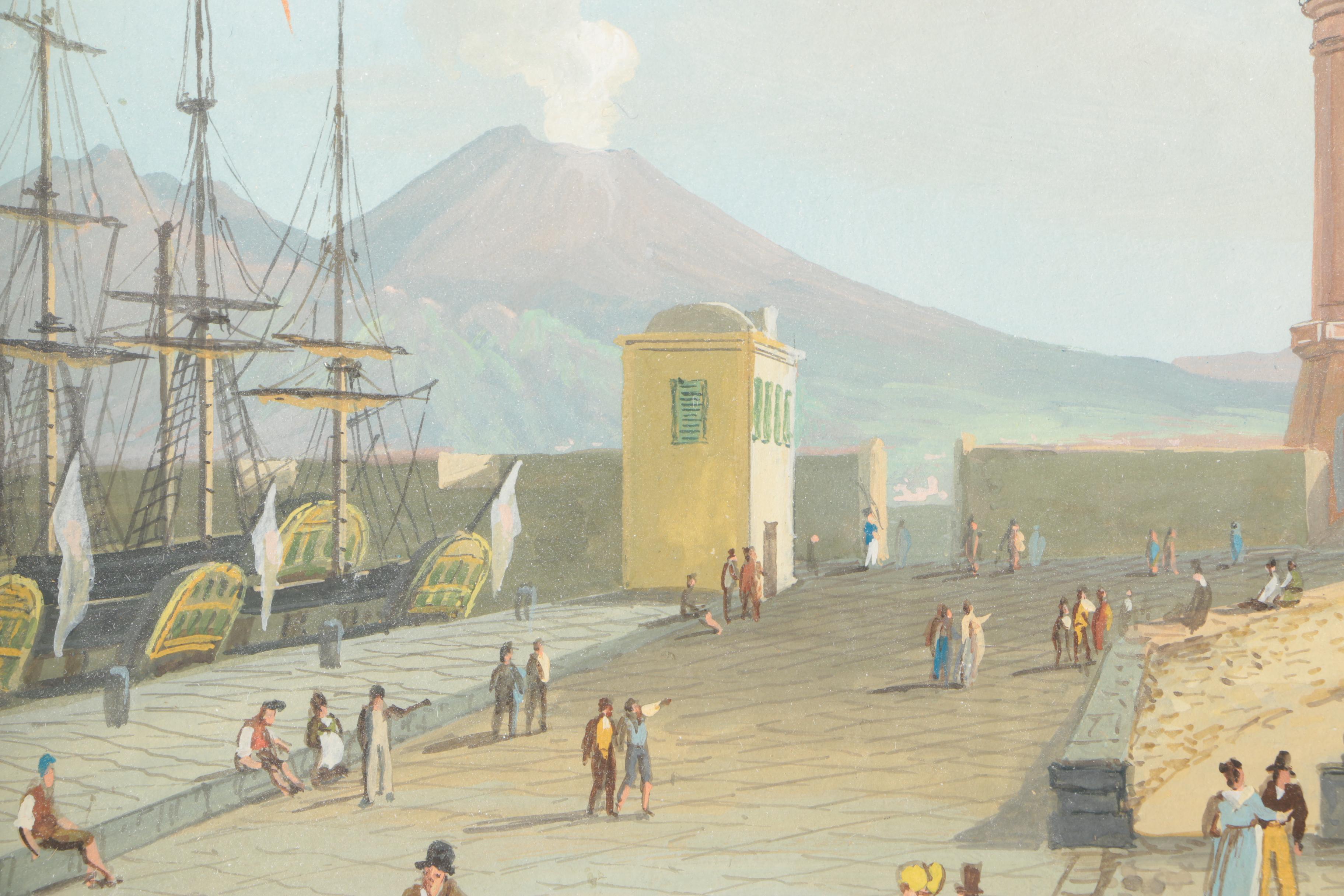 19th Century Grand Tour Gouache Waterfront Scenes of Mt. Vesuvius
