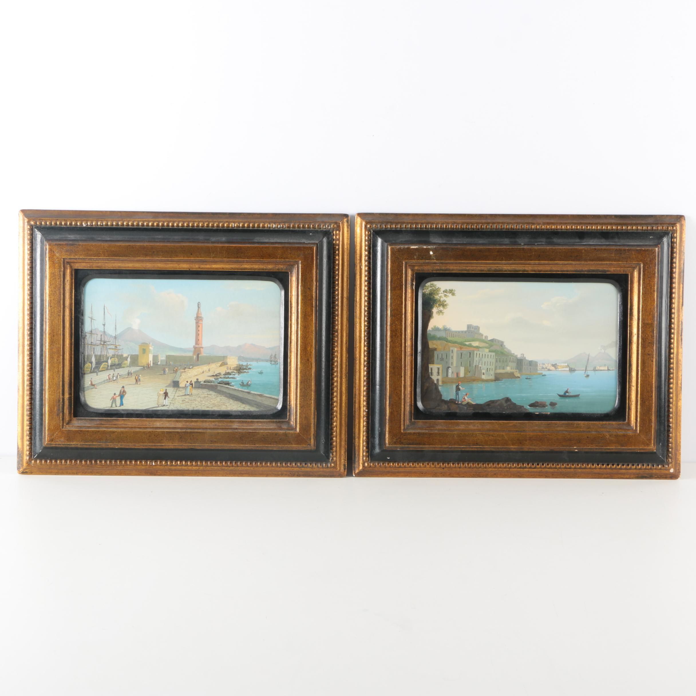 19th Century Grand Tour Gouache Waterfront Scenes of Mt. Vesuvius