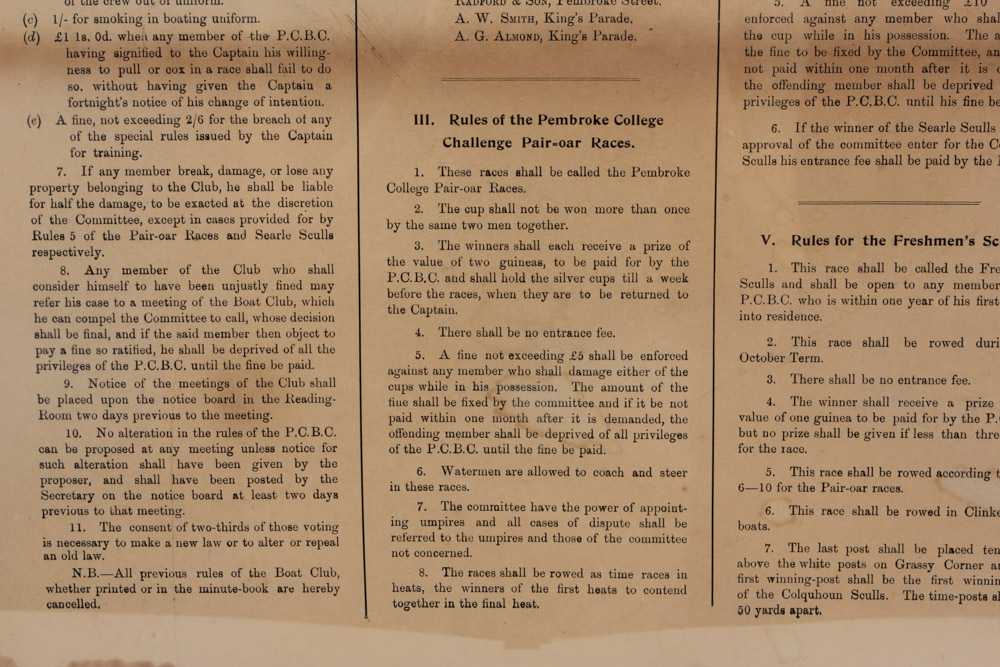 Pembroke College Boat Club Rules and Engraving of Columbia and Yale University Boat Houses