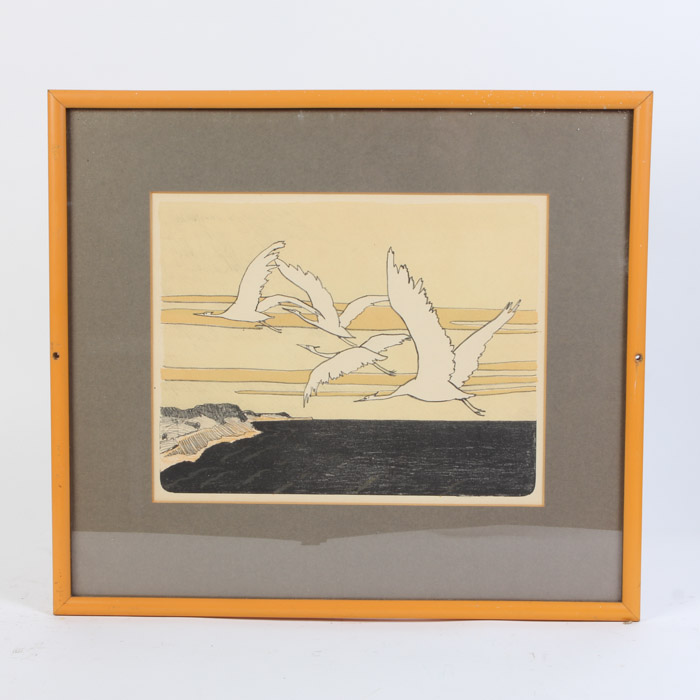 Hand Colored Lithograph of Birds Over Water