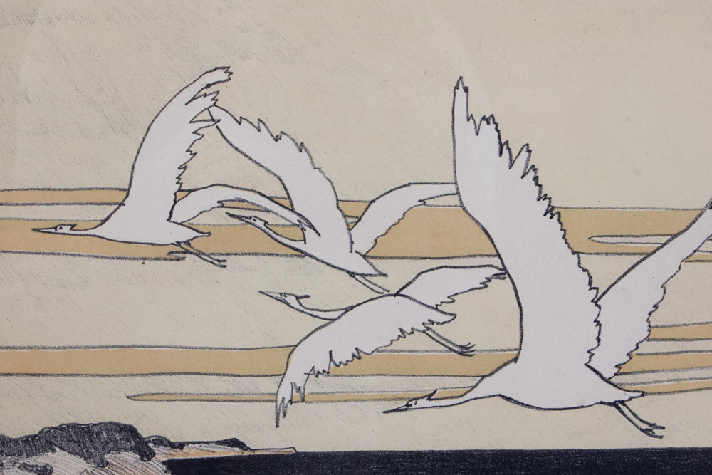 Hand Colored Lithograph of Birds Over Water