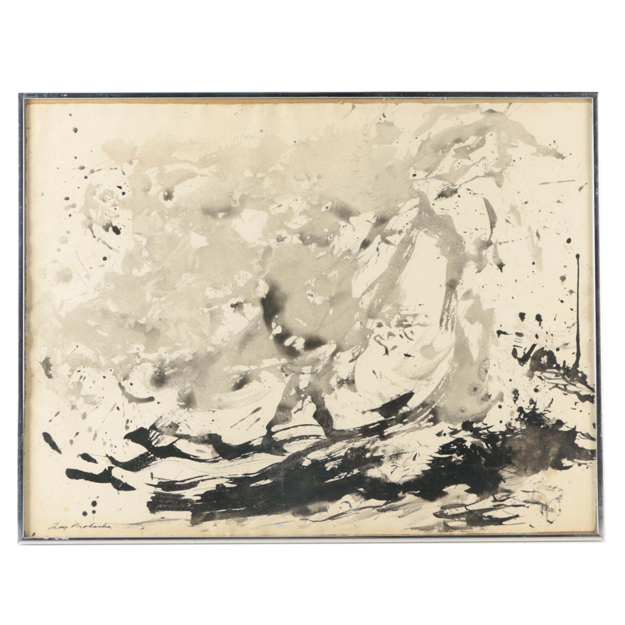 Ray Prohaska Ink Wash Painting on Paper of Abstract Composition