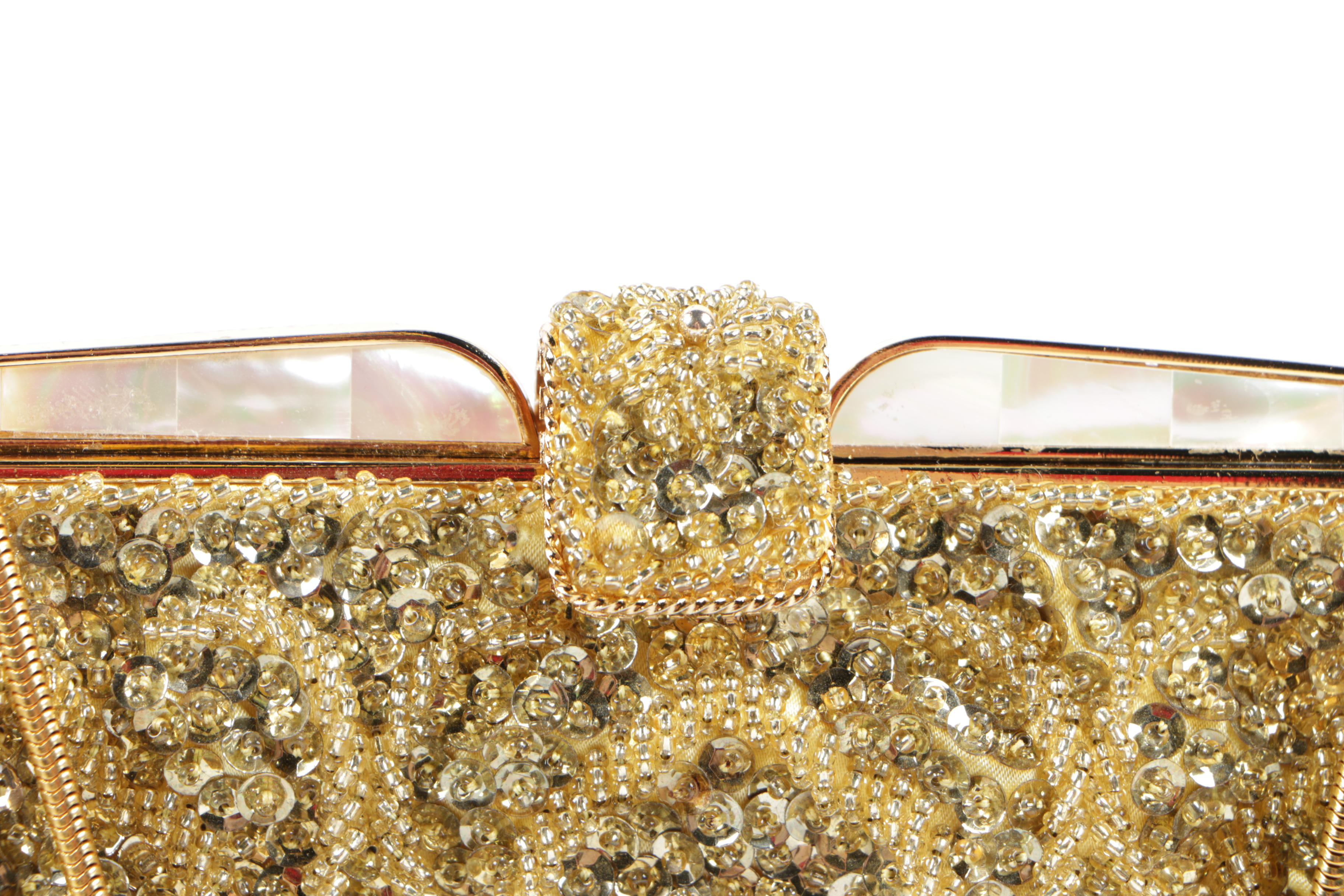 Vintage Gold Beaded Handbag With Shell Accented Frame