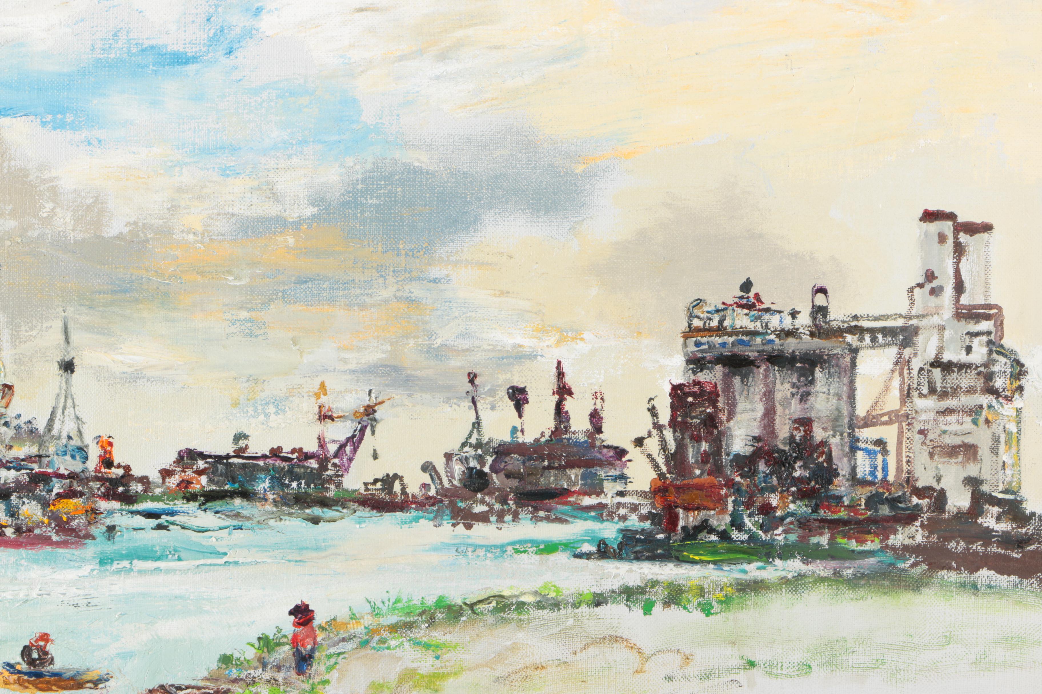 Eugene Ludins Oil Painting of a Riverfront