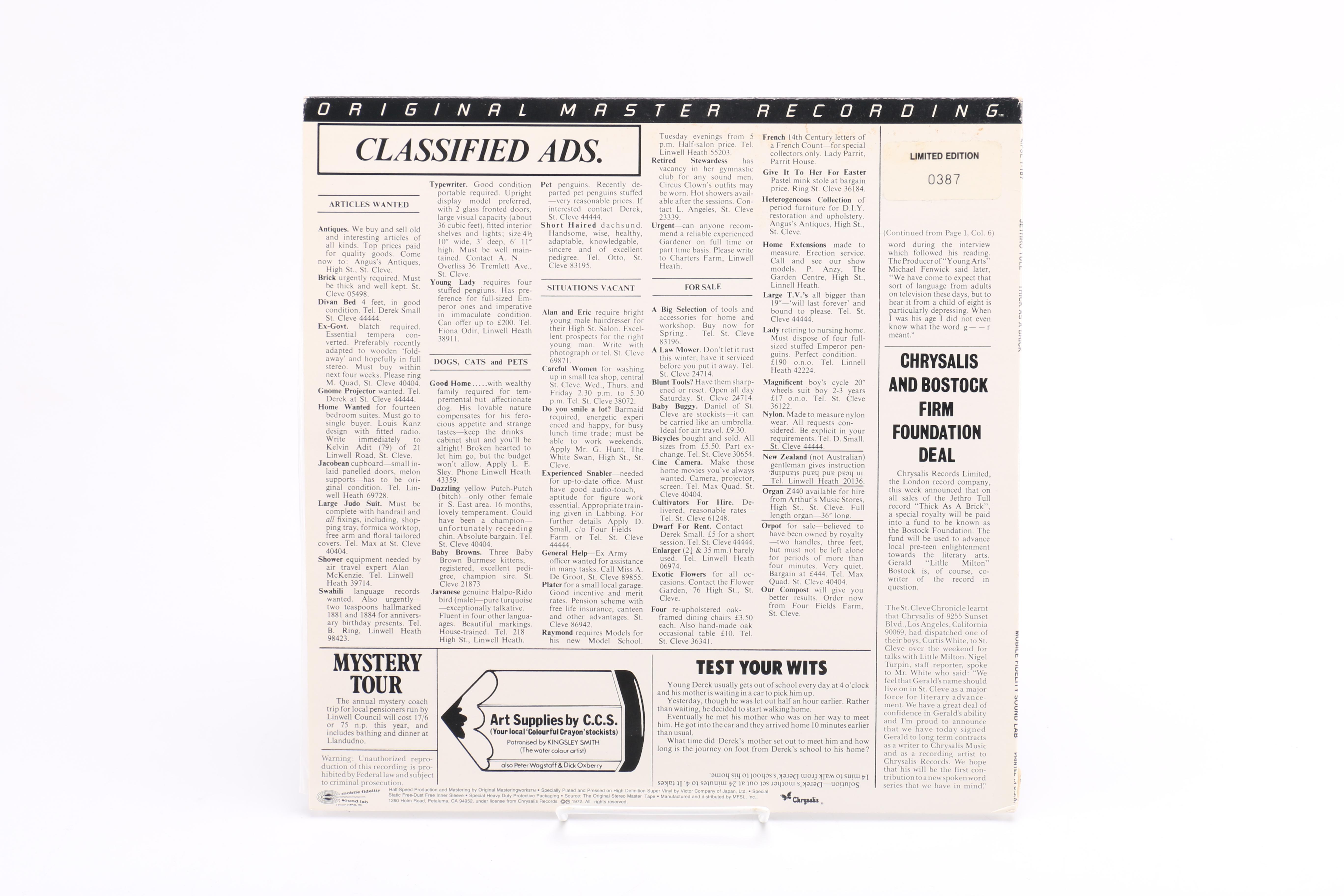 Limited Edition Mobile Fidelity Sound Lab Pressing of Jethro Tull's "Thick as A Brick"