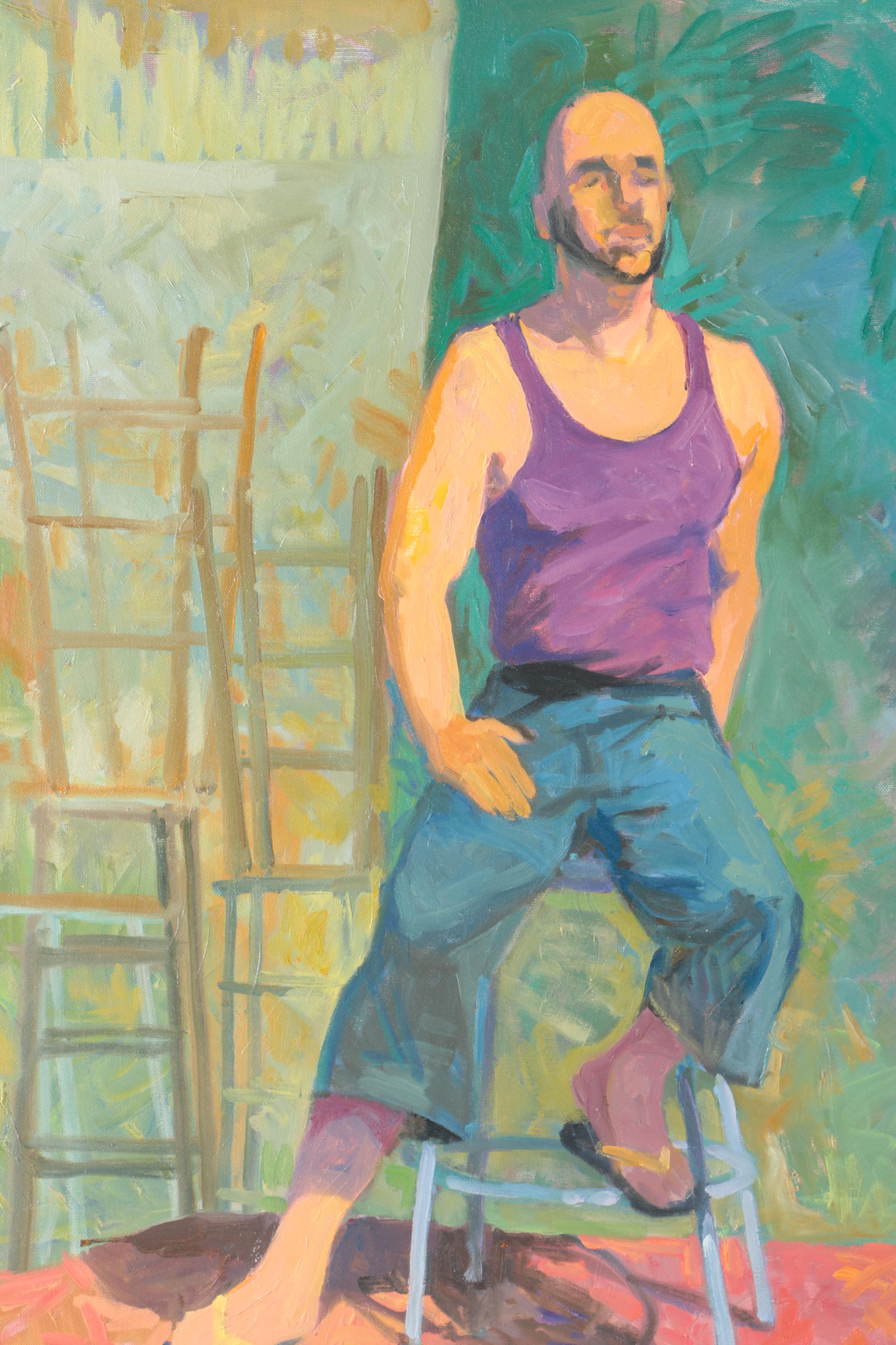 Braden Acrylic Painting on Canvas of Seated Male Figure in Purple and Blue
