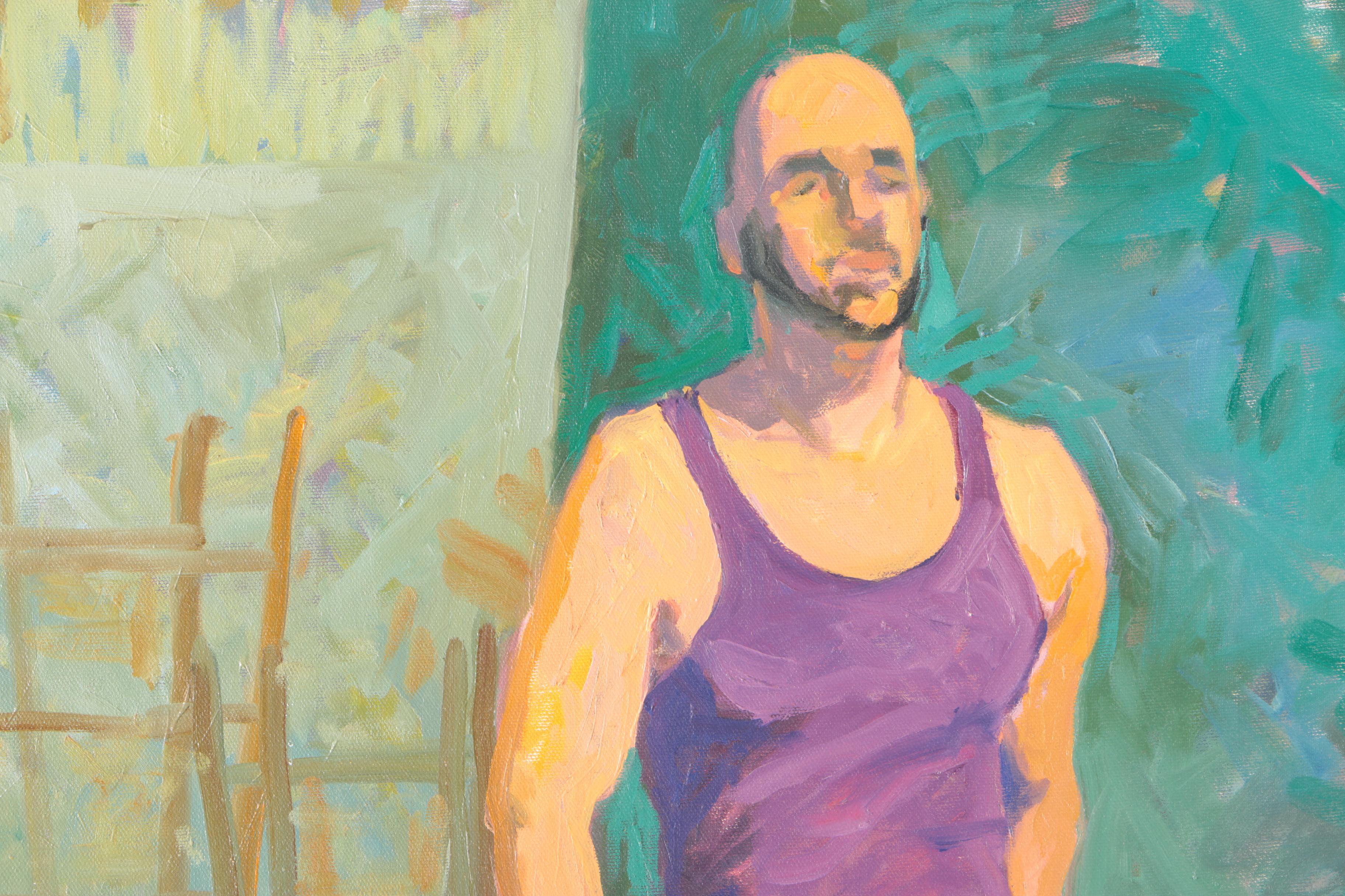 Braden Acrylic Painting on Canvas of Seated Male Figure in Purple and Blue