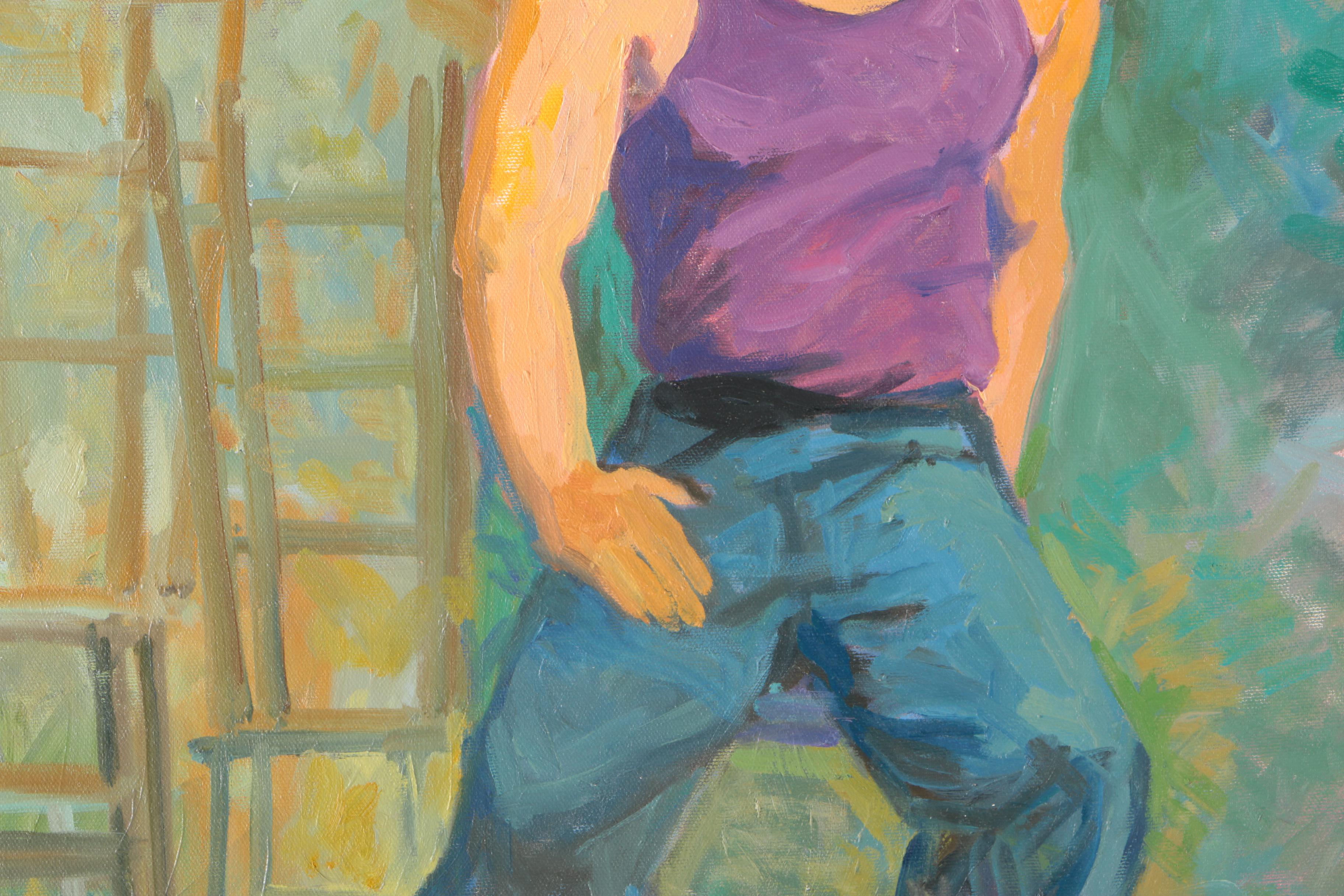 Braden Acrylic Painting on Canvas of Seated Male Figure in Purple and Blue