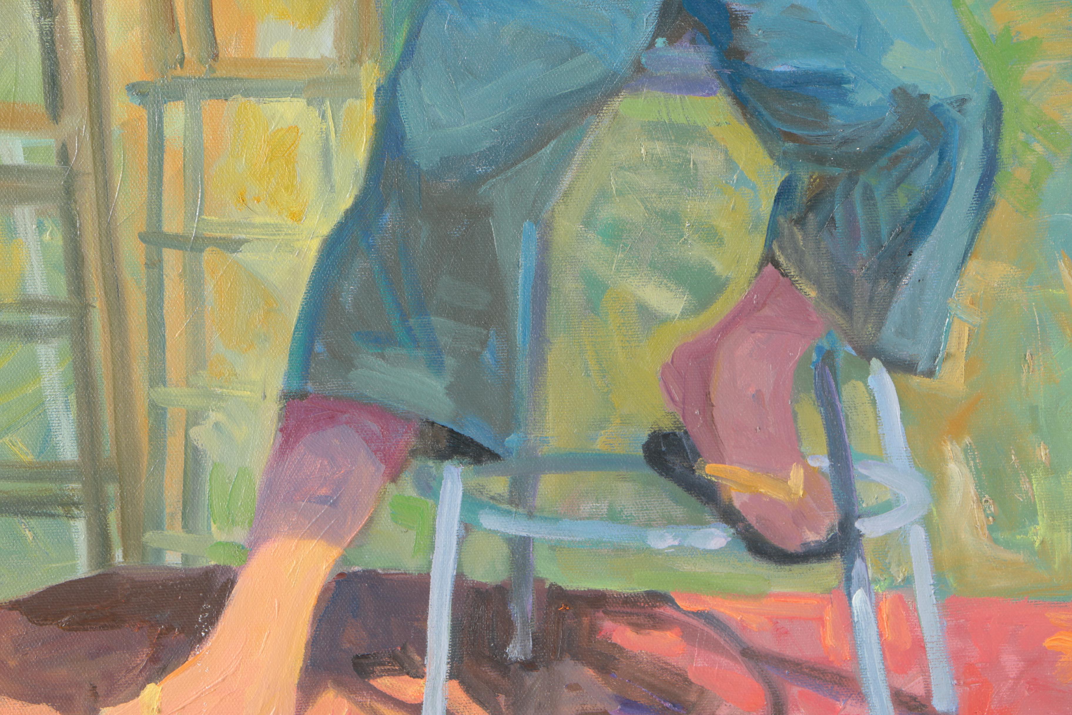 Braden Acrylic Painting on Canvas of Seated Male Figure in Purple and Blue