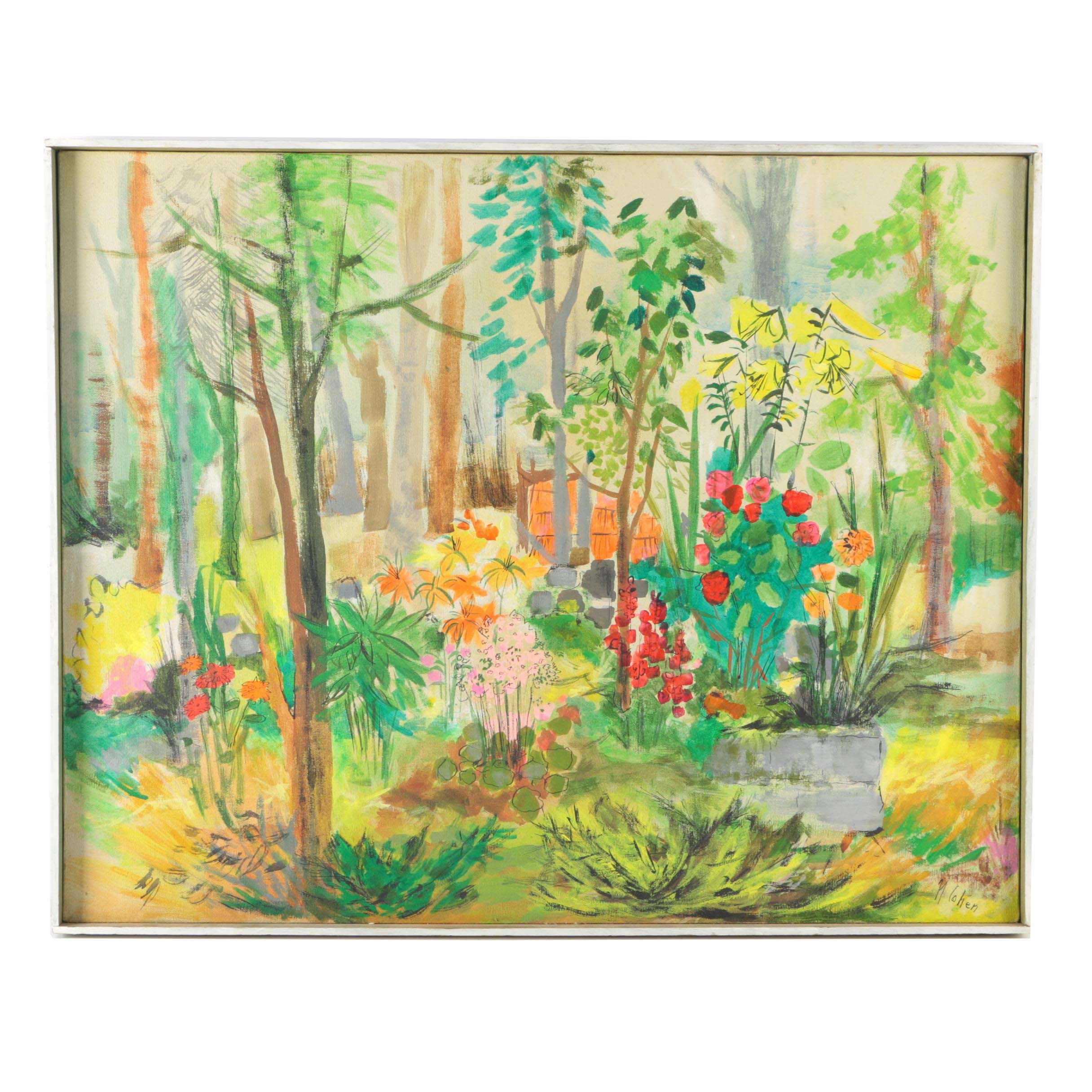 N. Cohen Oil Painting on Canvas of Abstract Garden Landscape