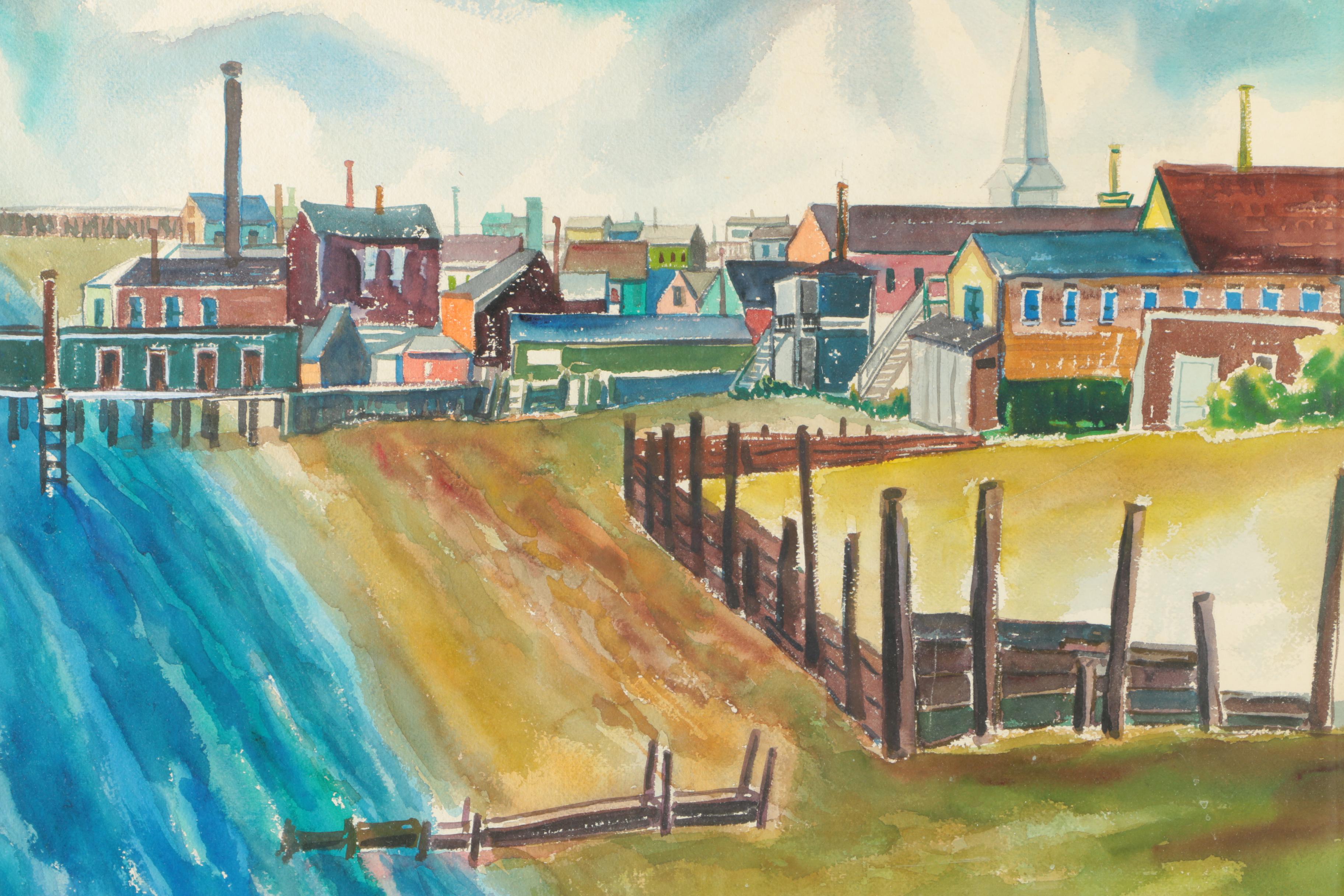 Watercolor Painting of Colorful Village by the Water