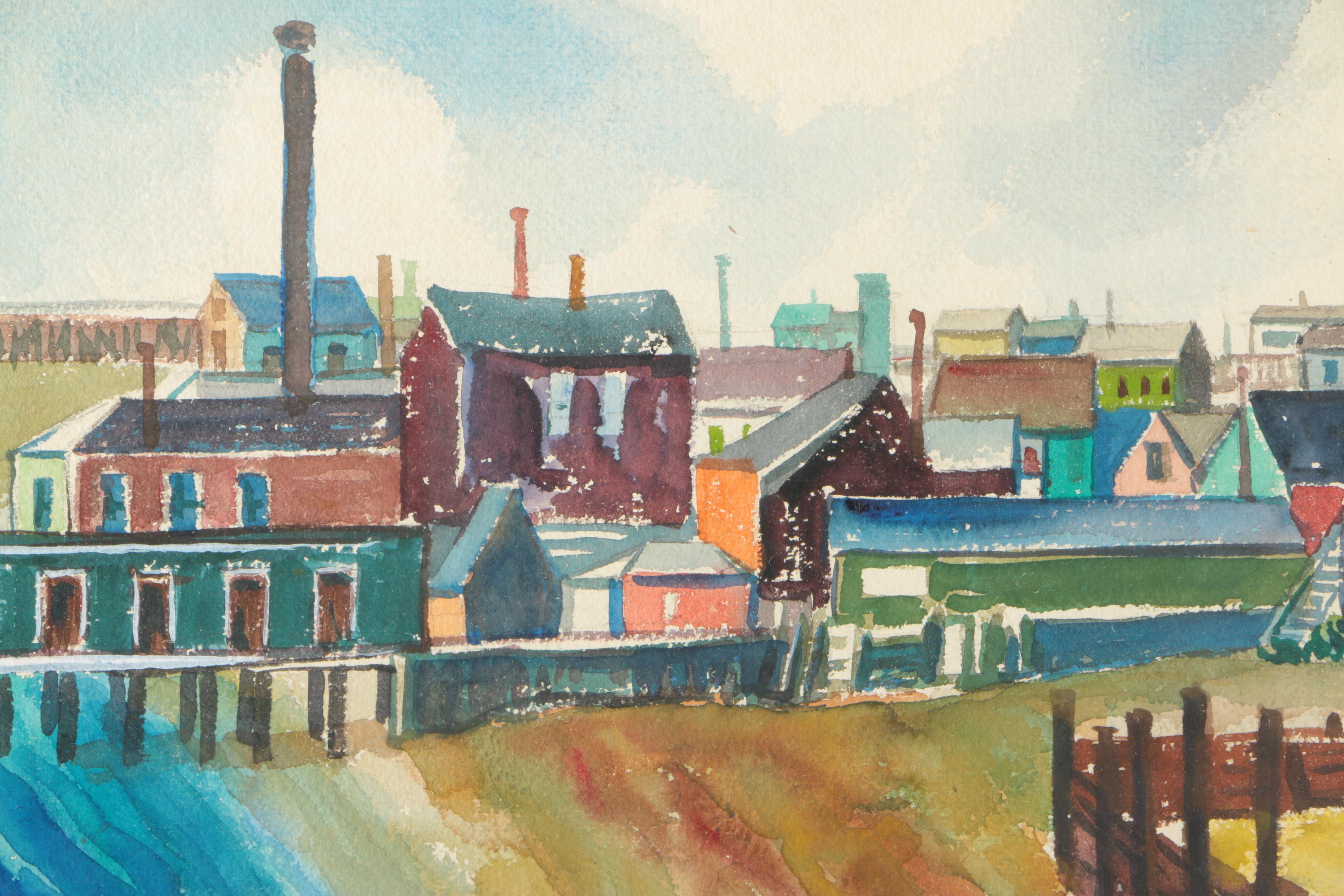 Watercolor Painting of Colorful Village by the Water