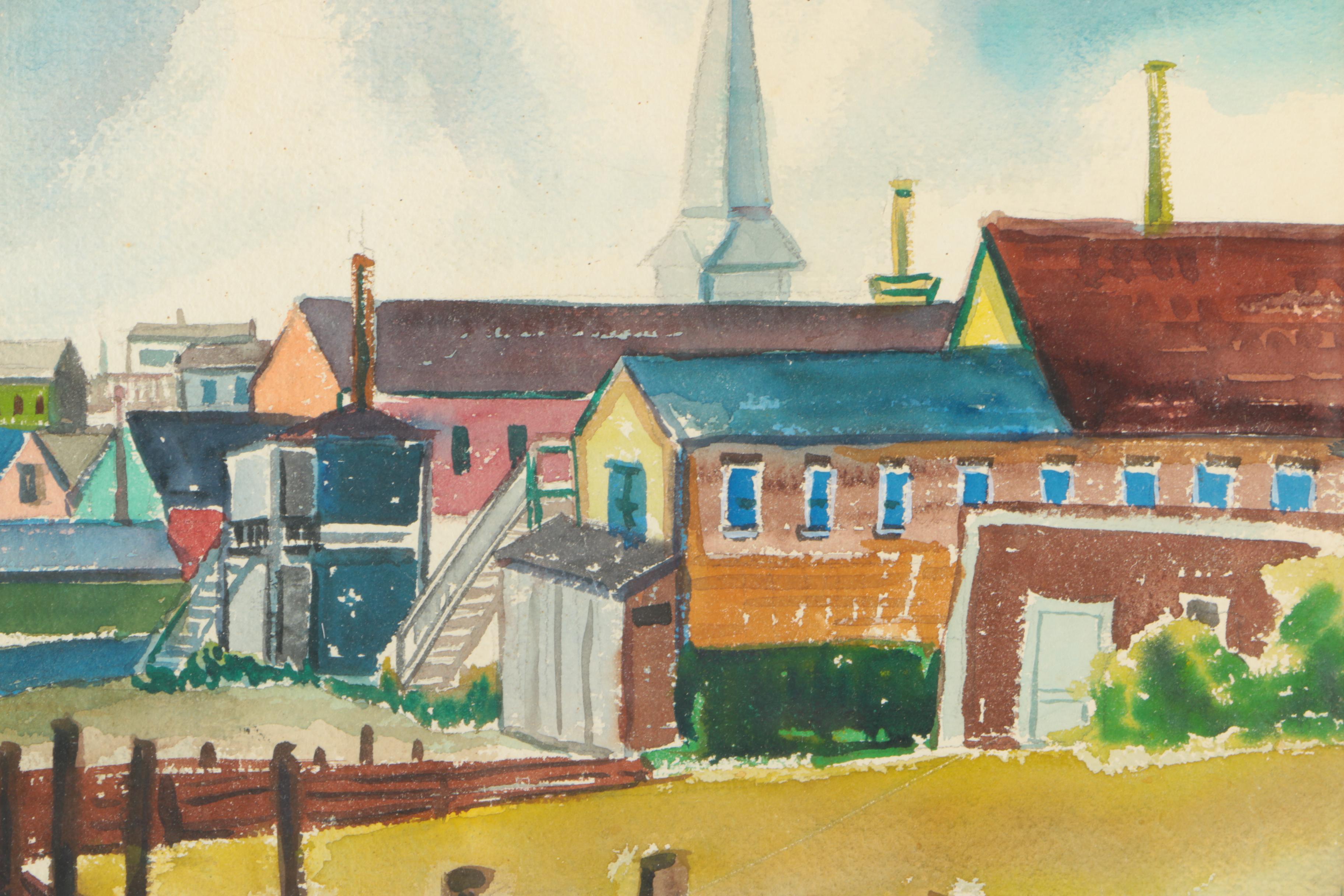 Watercolor Painting of Colorful Village by the Water