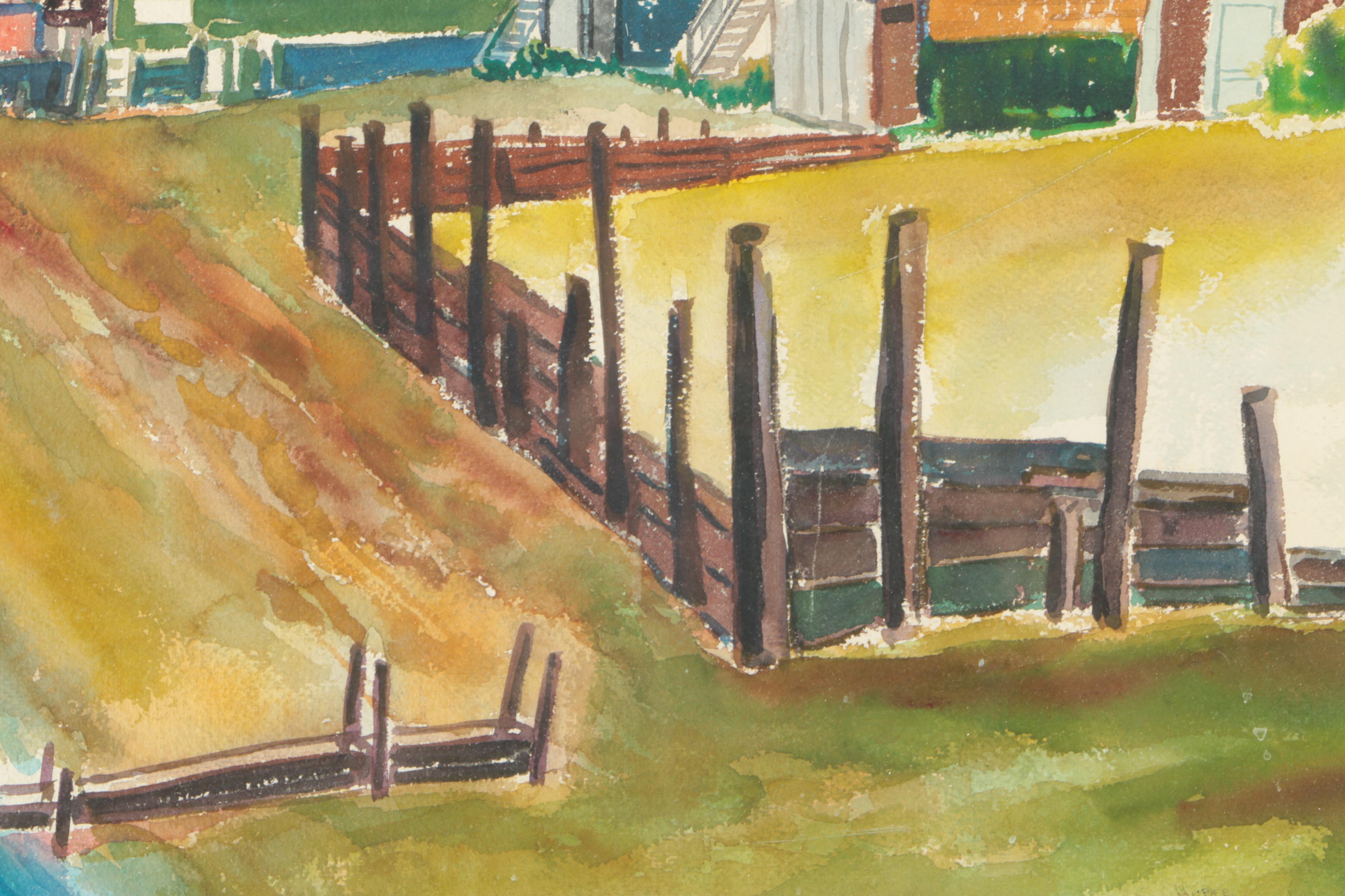 Watercolor Painting of Colorful Village by the Water