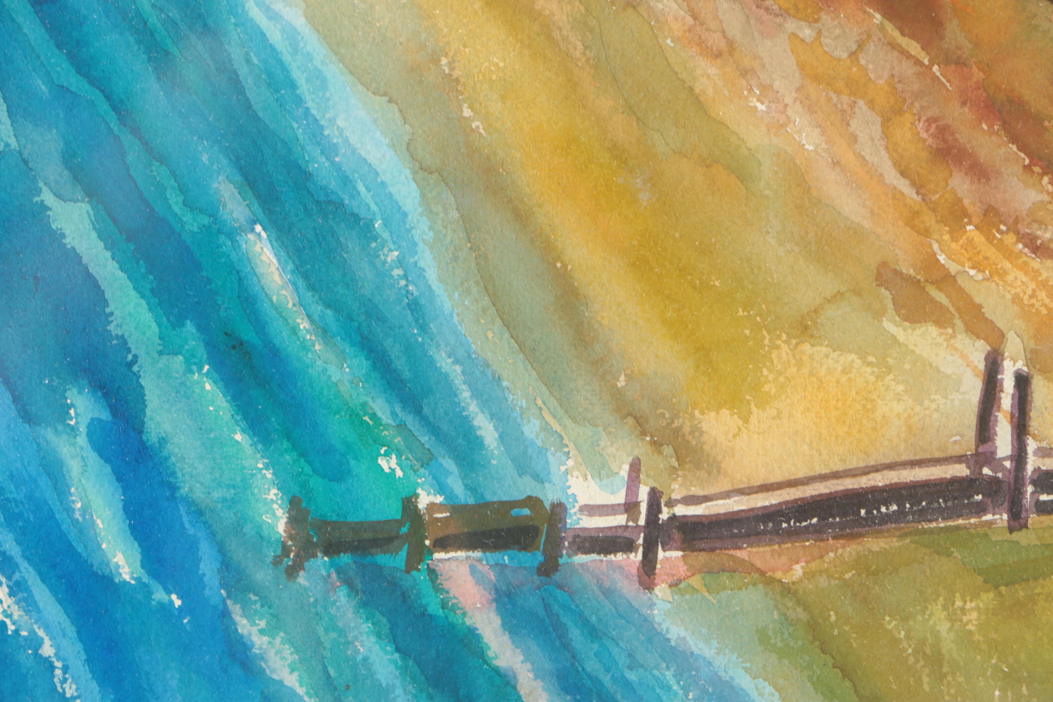 Watercolor Painting of Colorful Village by the Water