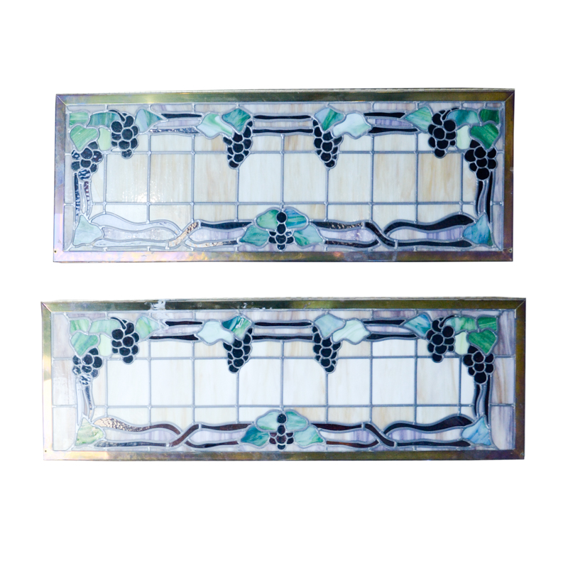 Pair of Stained Glass Window Panels with Grape Motif