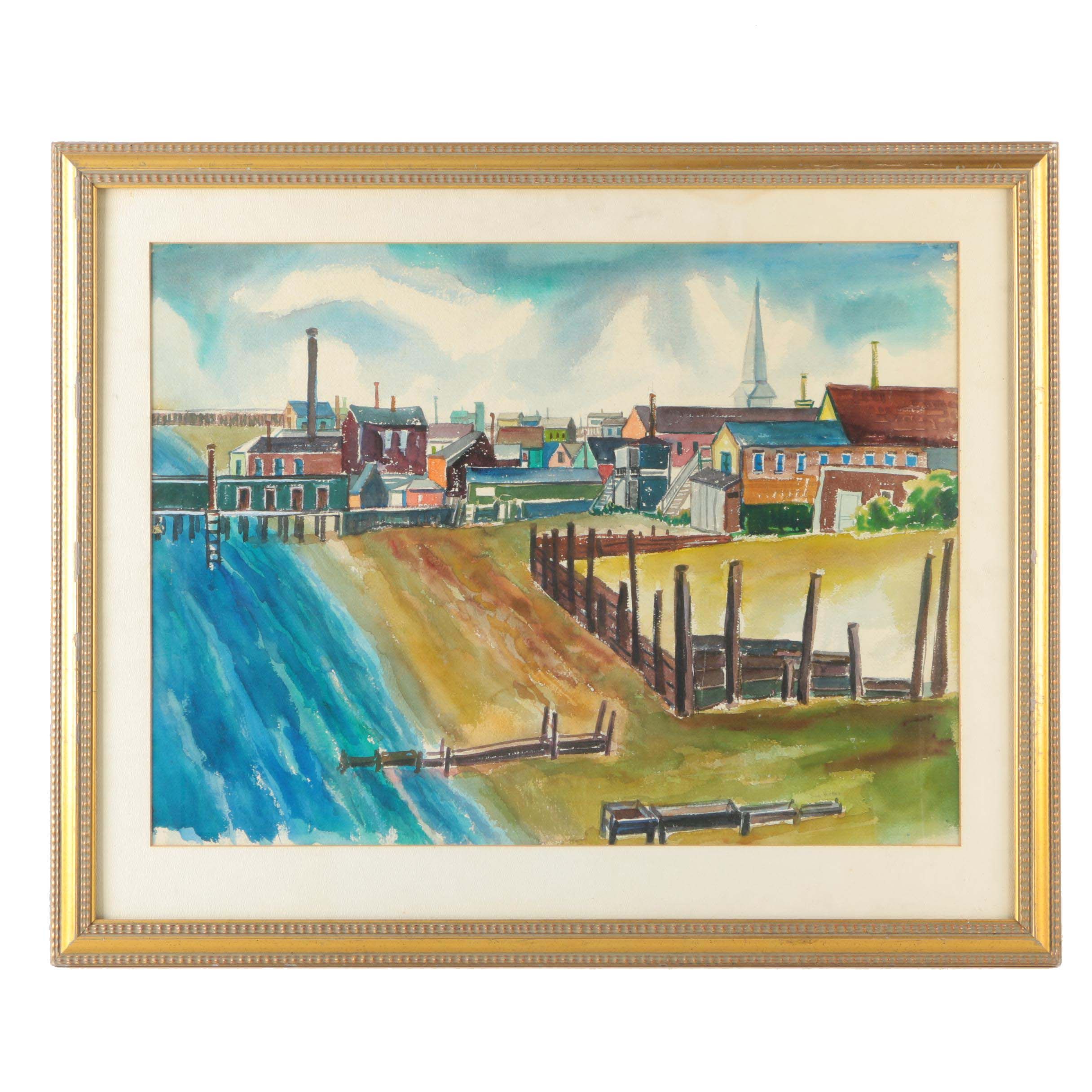 Watercolor Painting of Colorful Village by the Water