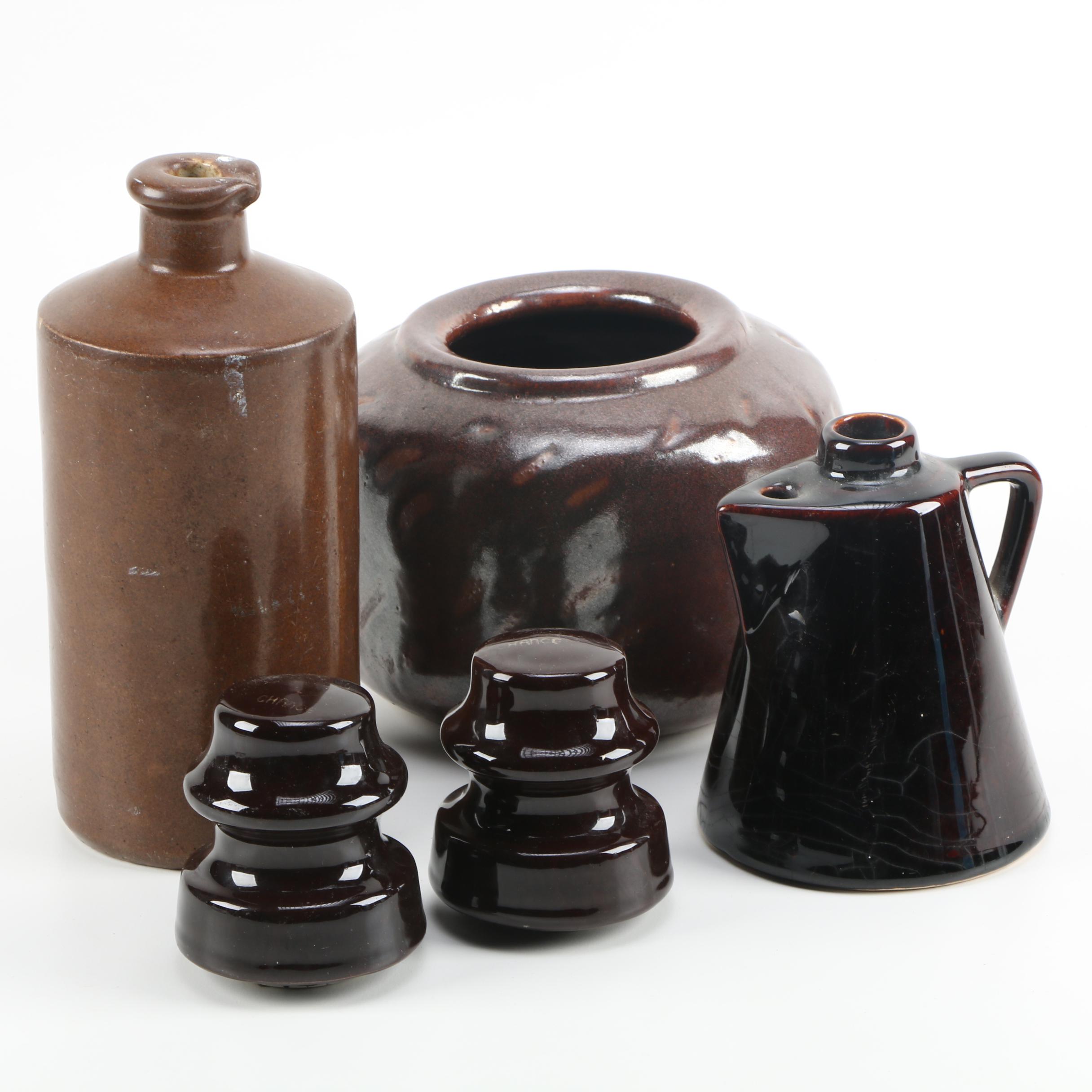 Brown Ceramic Vases, Ink Bottle, and Insulators
