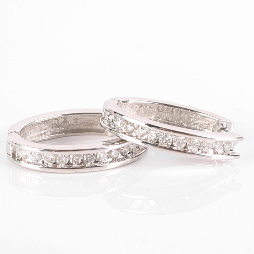 14K White Gold Oval Hinged Diamond Hoop Earrings