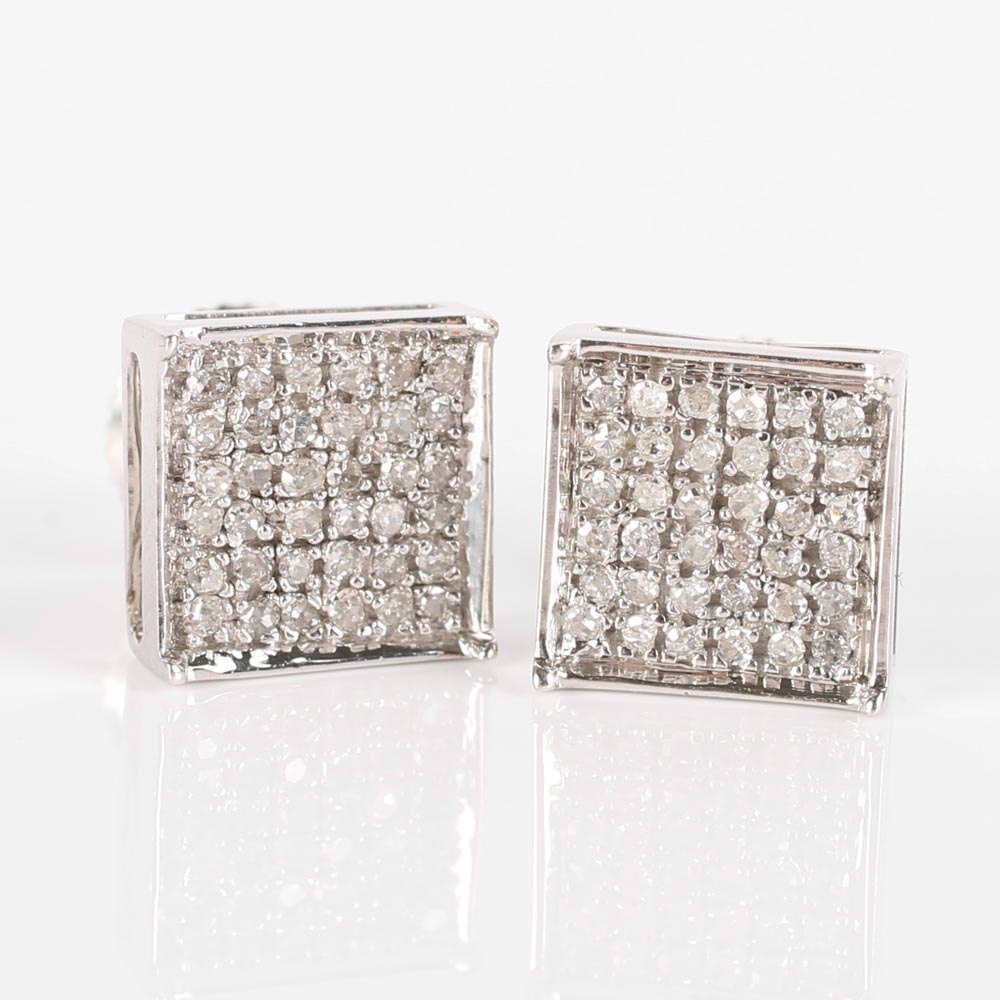 10K White Gold Square Diamond Cluster Earrings
