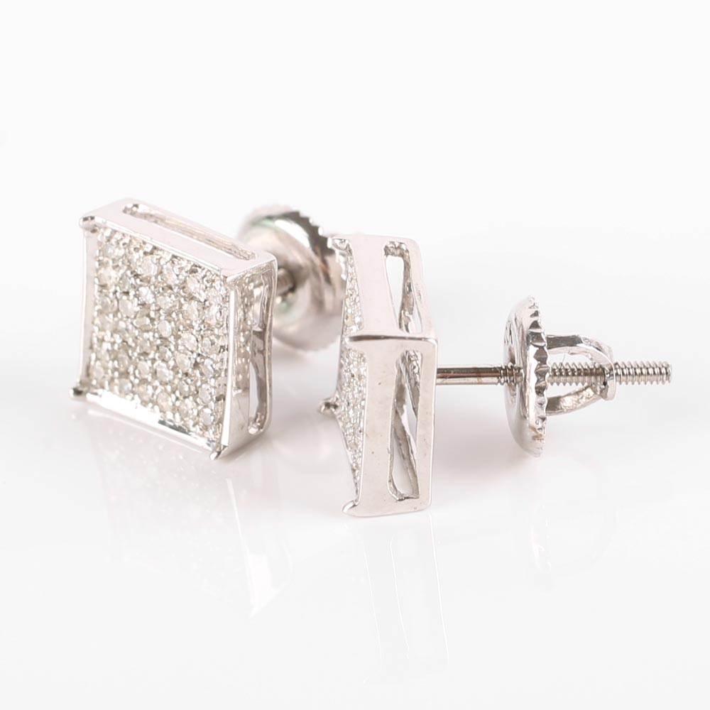 10K White Gold Square Diamond Cluster Earrings
