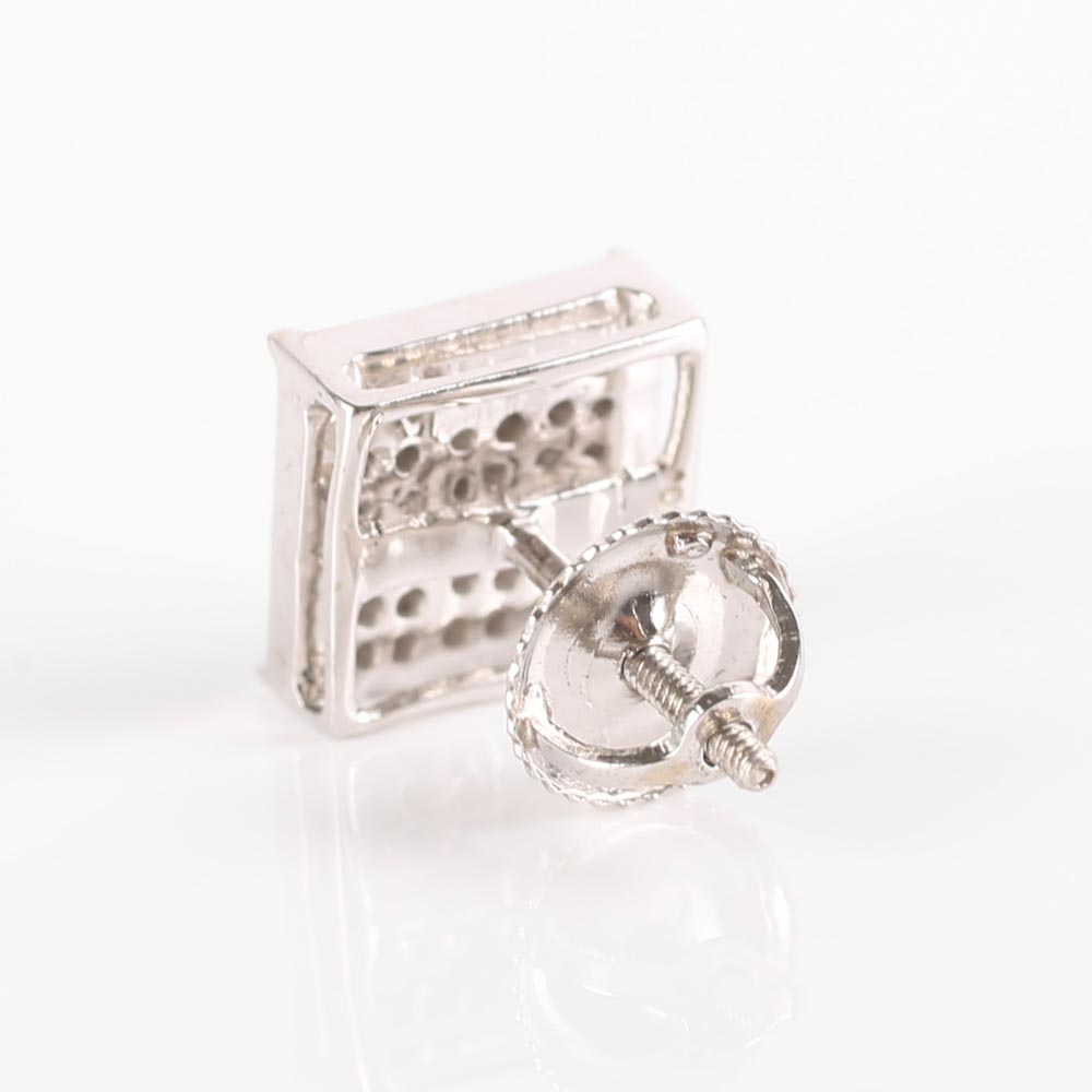 10K White Gold Square Diamond Cluster Earrings