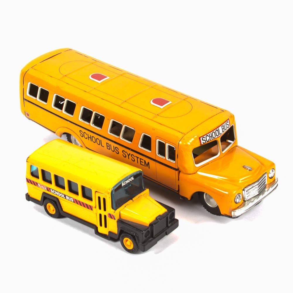 Pair of Vintage Japanese School Bus Toys