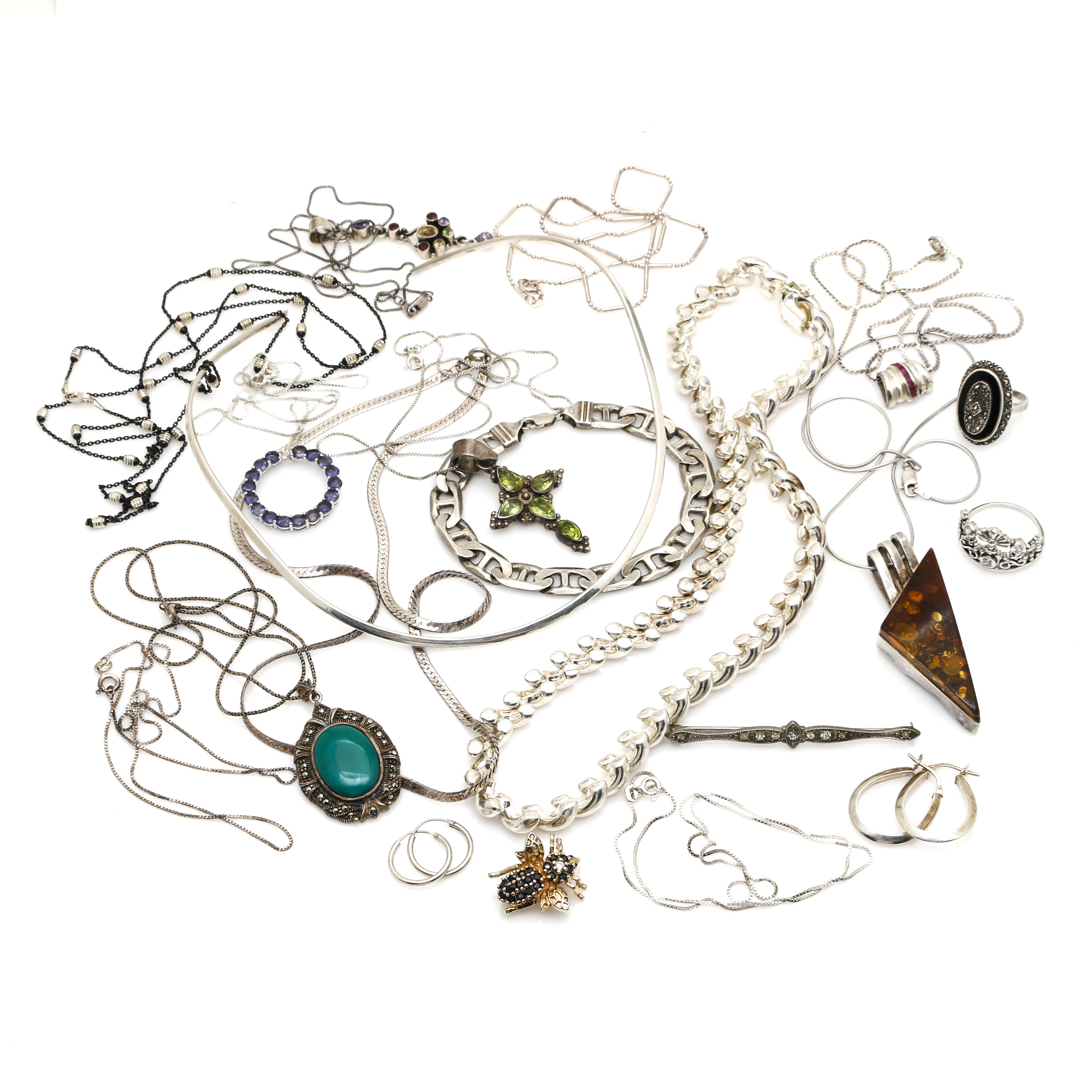 Assortment of Sterling Silver Jewelry Including Garnet, Amethyst, and Ruby