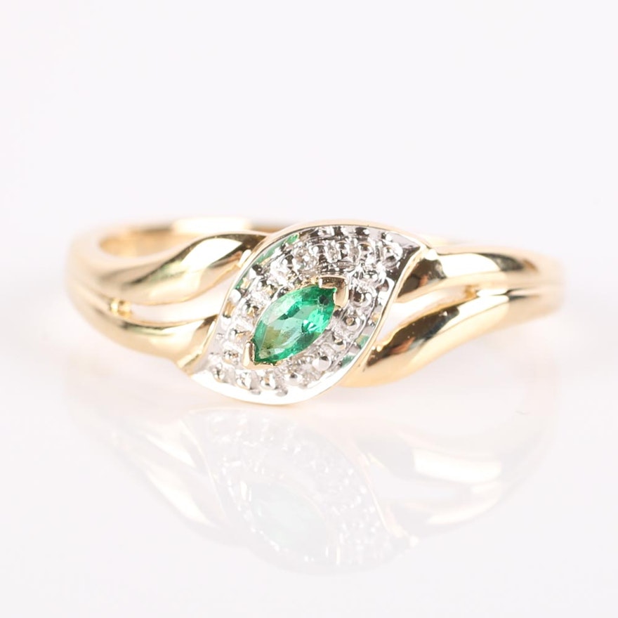 14K Yellow Gold Emerald and Diamond Ring