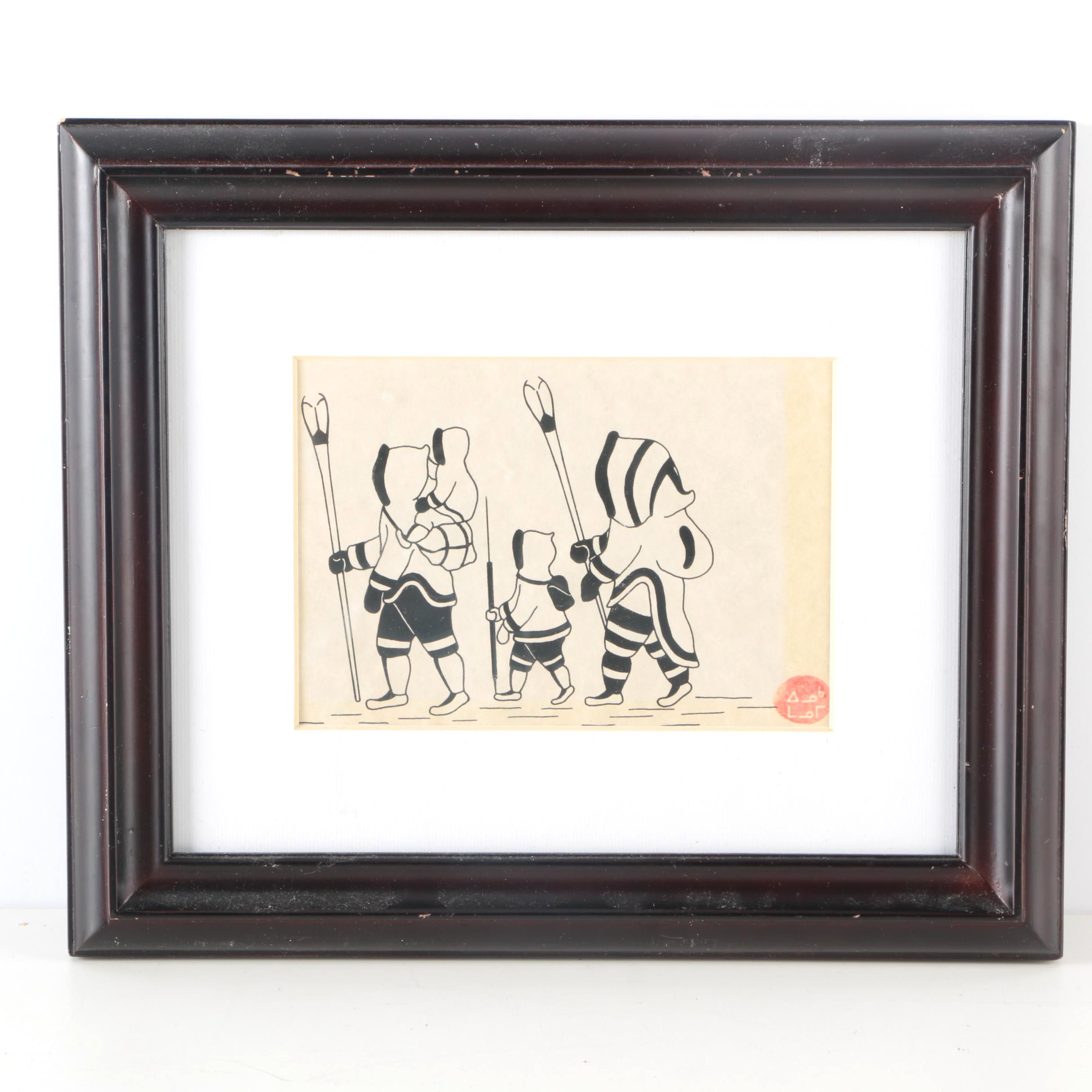 Enook Manomie Lithograph on Paper of Inuit Family