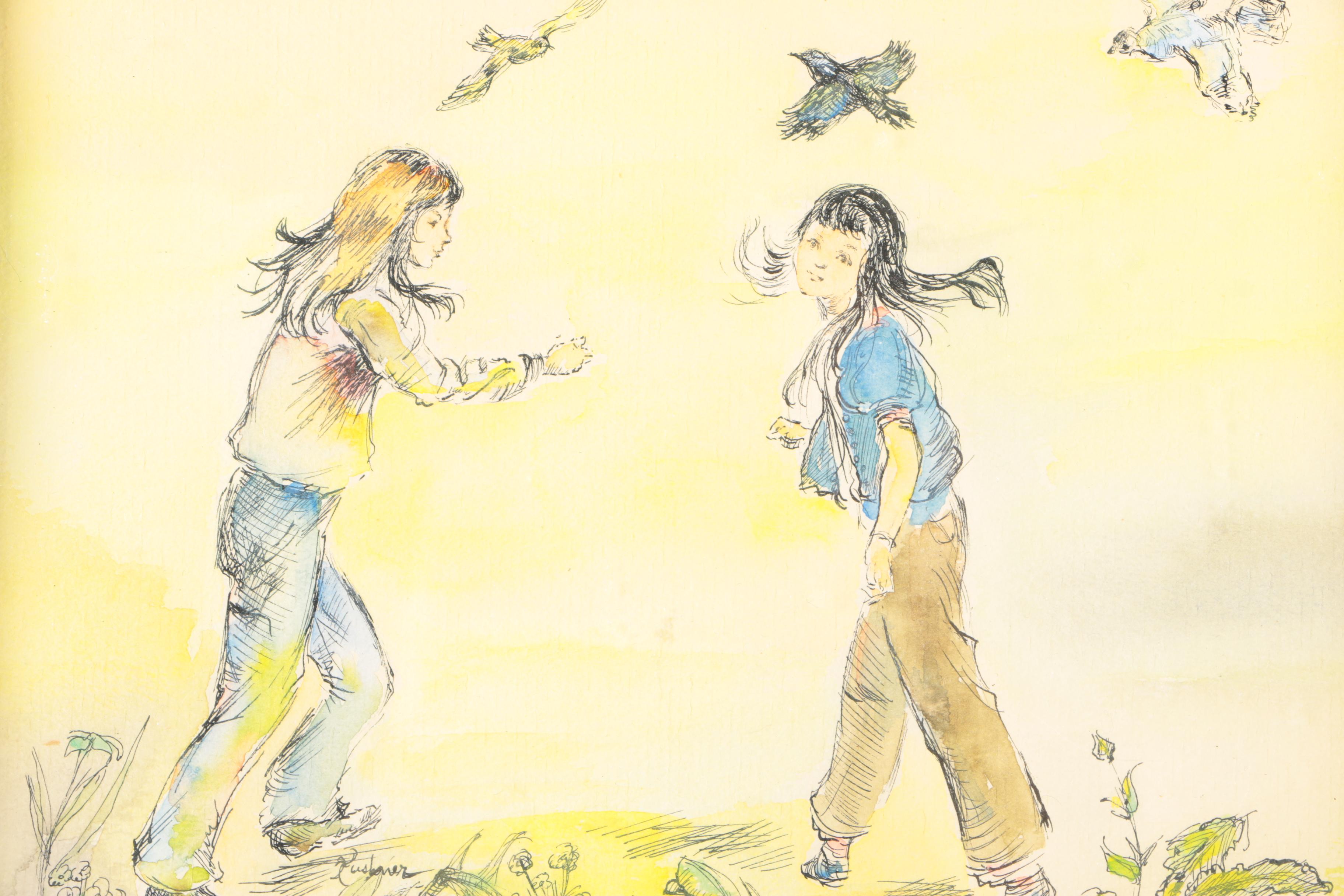Kushner Watercolor and Ink on Paper Girls and Birds
