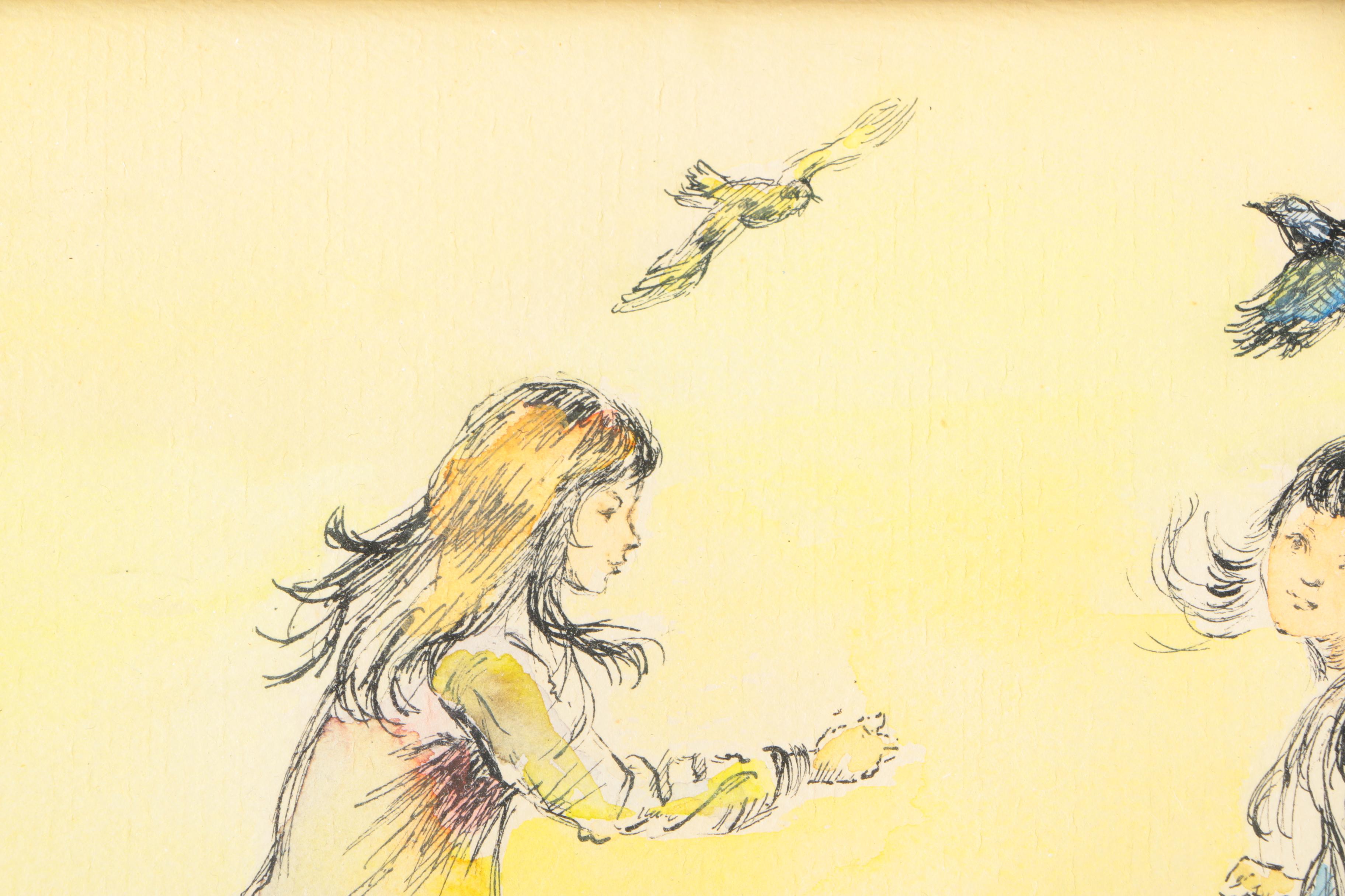 Kushner Watercolor and Ink on Paper Girls and Birds