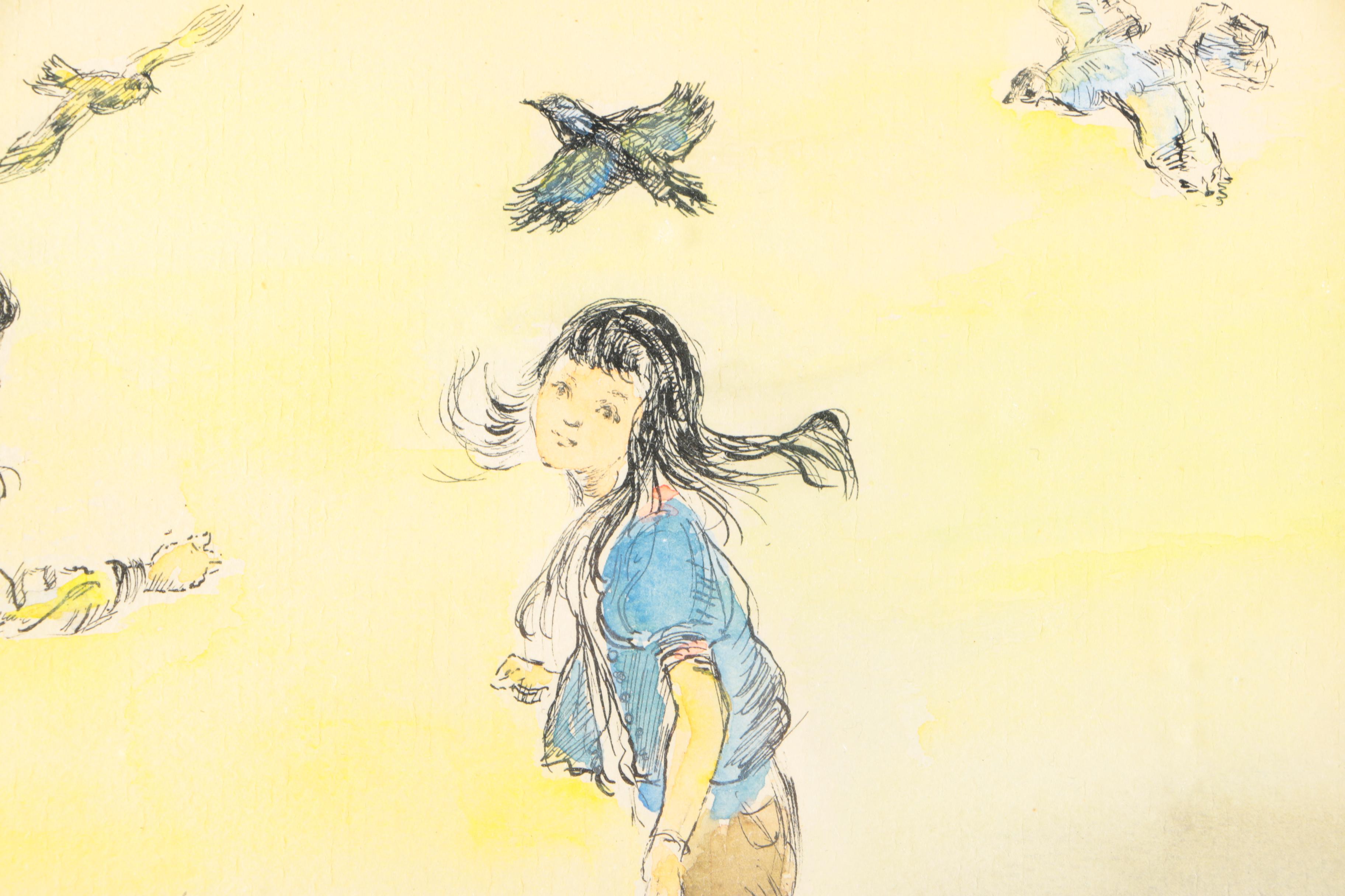 Kushner Watercolor and Ink on Paper Girls and Birds