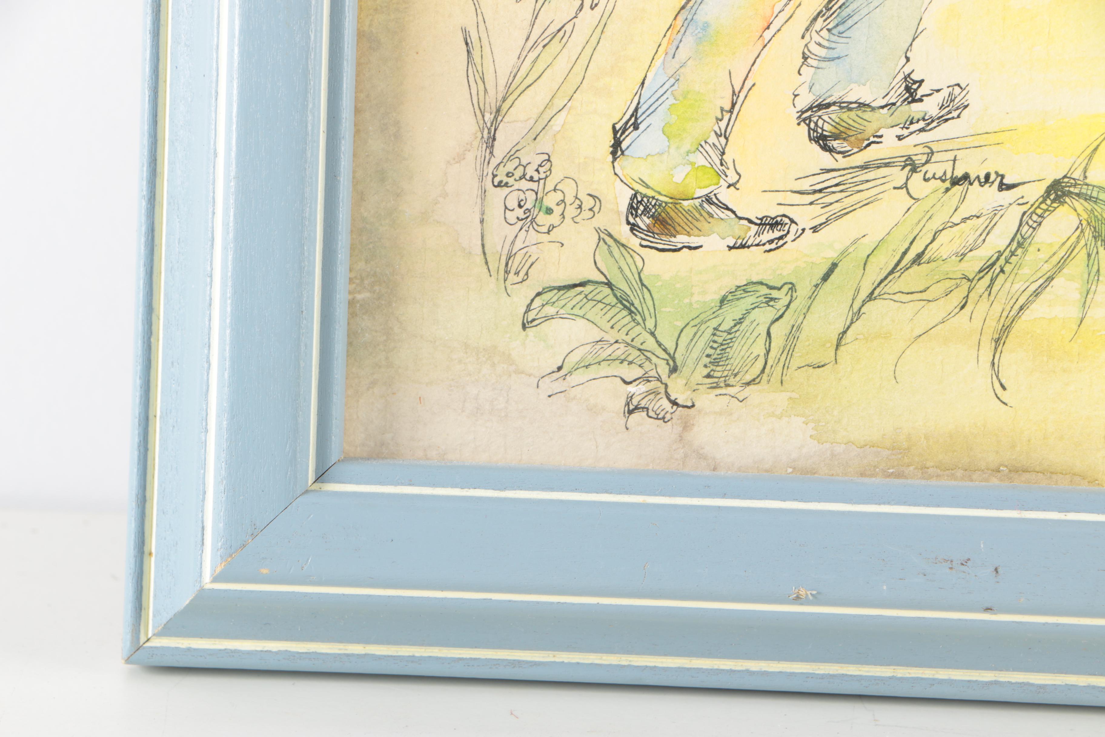 Kushner Watercolor and Ink on Paper Girls and Birds