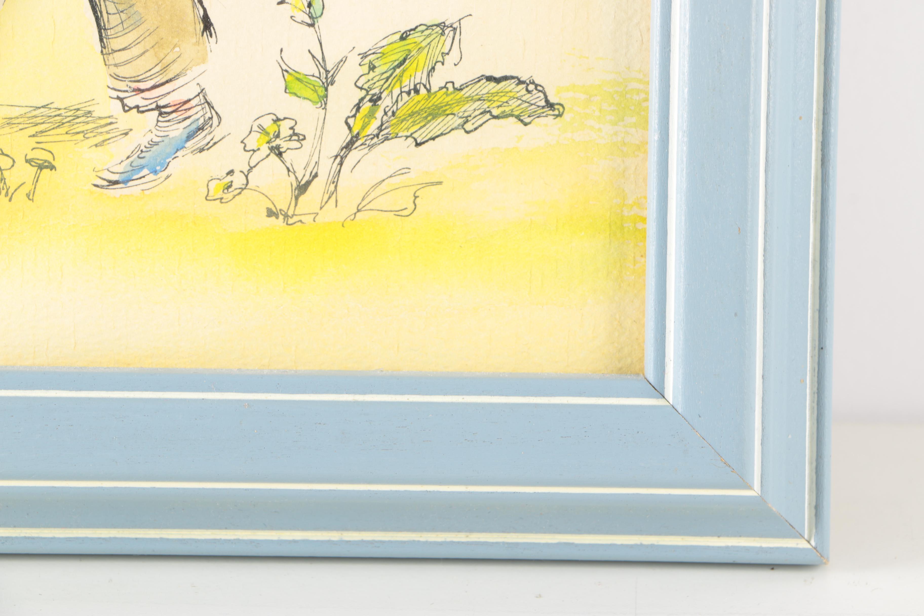 Kushner Watercolor and Ink on Paper Girls and Birds